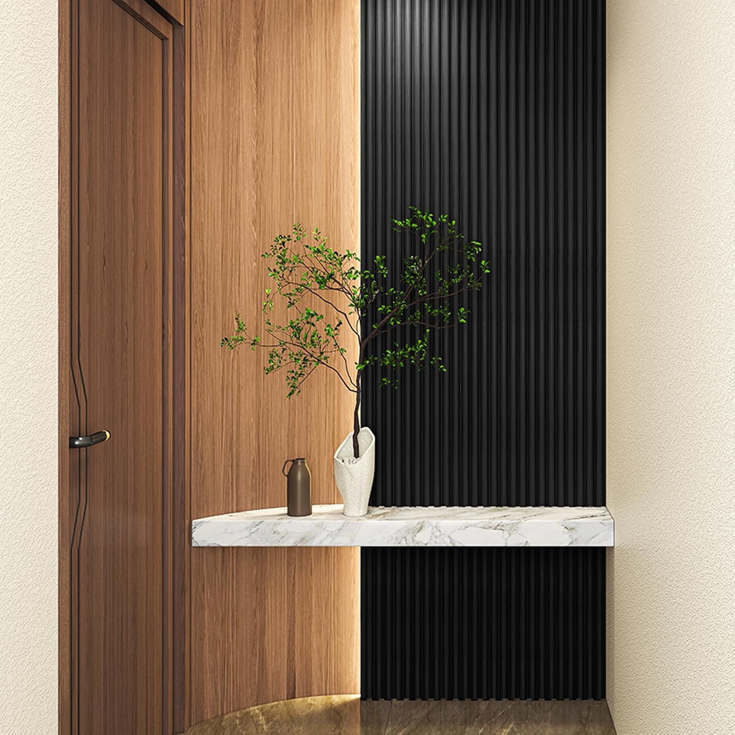Art3d Fluted Wood Panel - 108 x 5.7 x 0.7in for Wall & Ceiling, Beaded Accent Molding for Home Decoration, Pack of 4pcs + 1pc End-Trim, Beaded Black