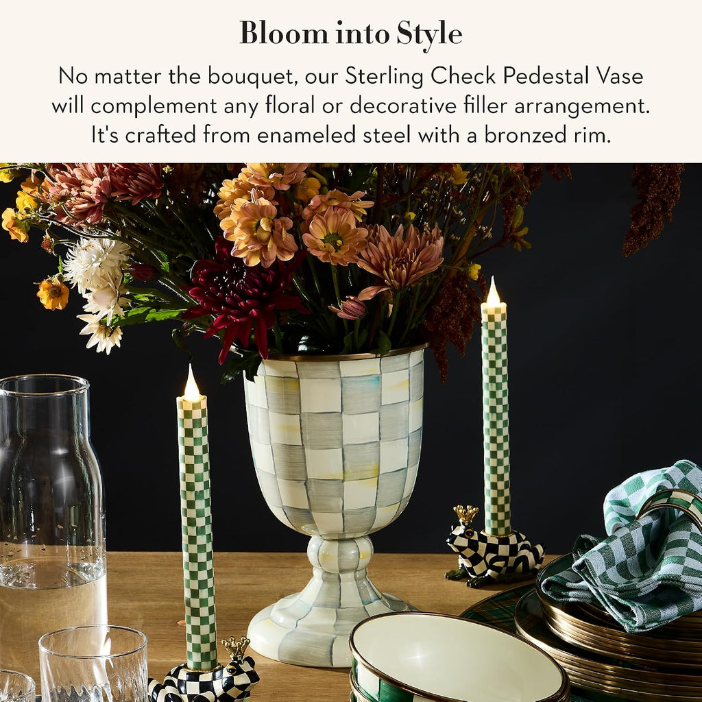 MACKENZIE-CHILDS Pedestal Vase, Decorative Centerpiece and Flower Holder, Gray-and-White Sterling Check