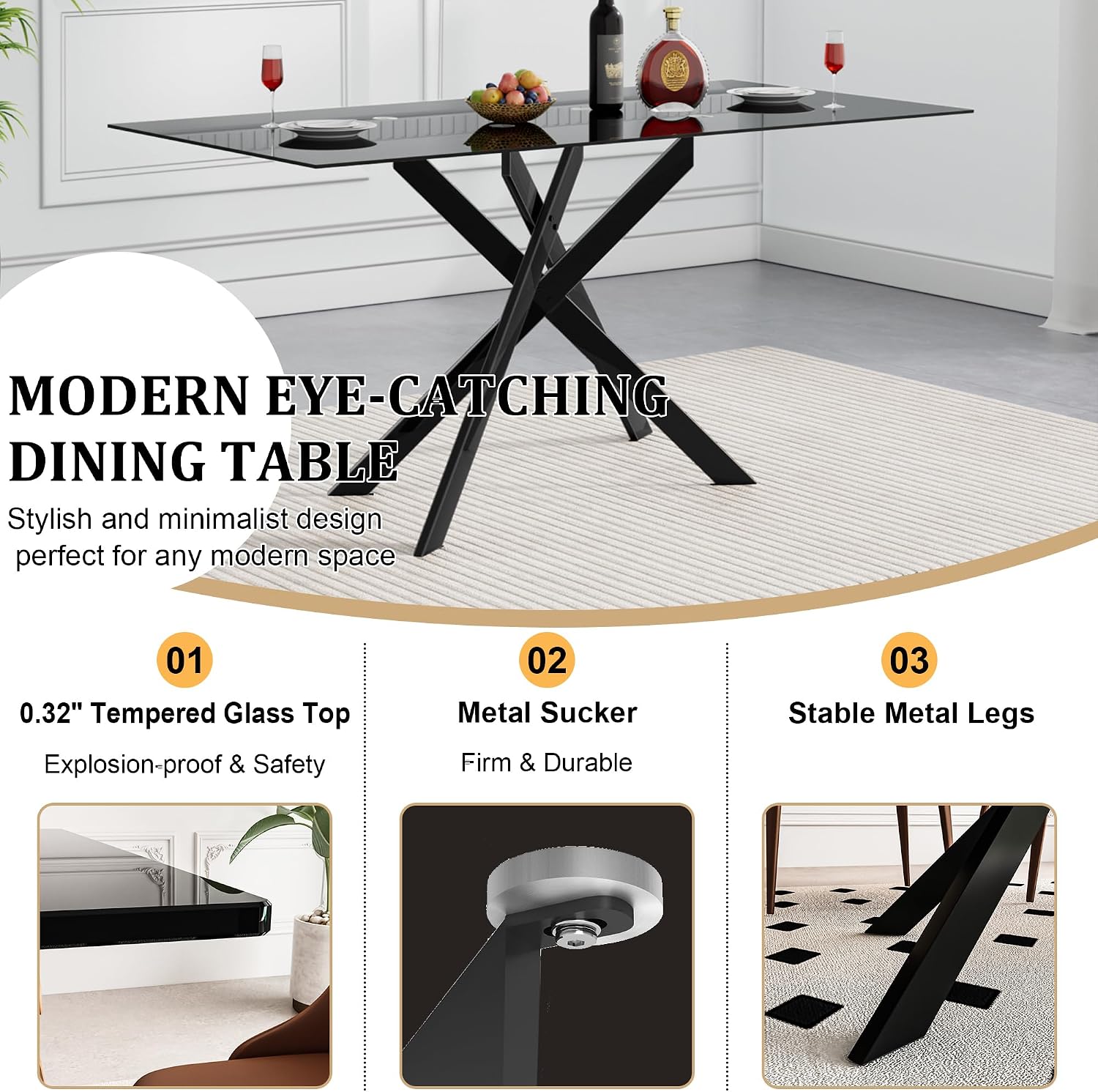 51.2' Black Glass Dining Table, Modern Kitchen Table for 4-6 People, Contemporary Rectangular Dining Room Dinner Tables with Black Glass Top & Black Metal X Legs for Kitchen Apartment