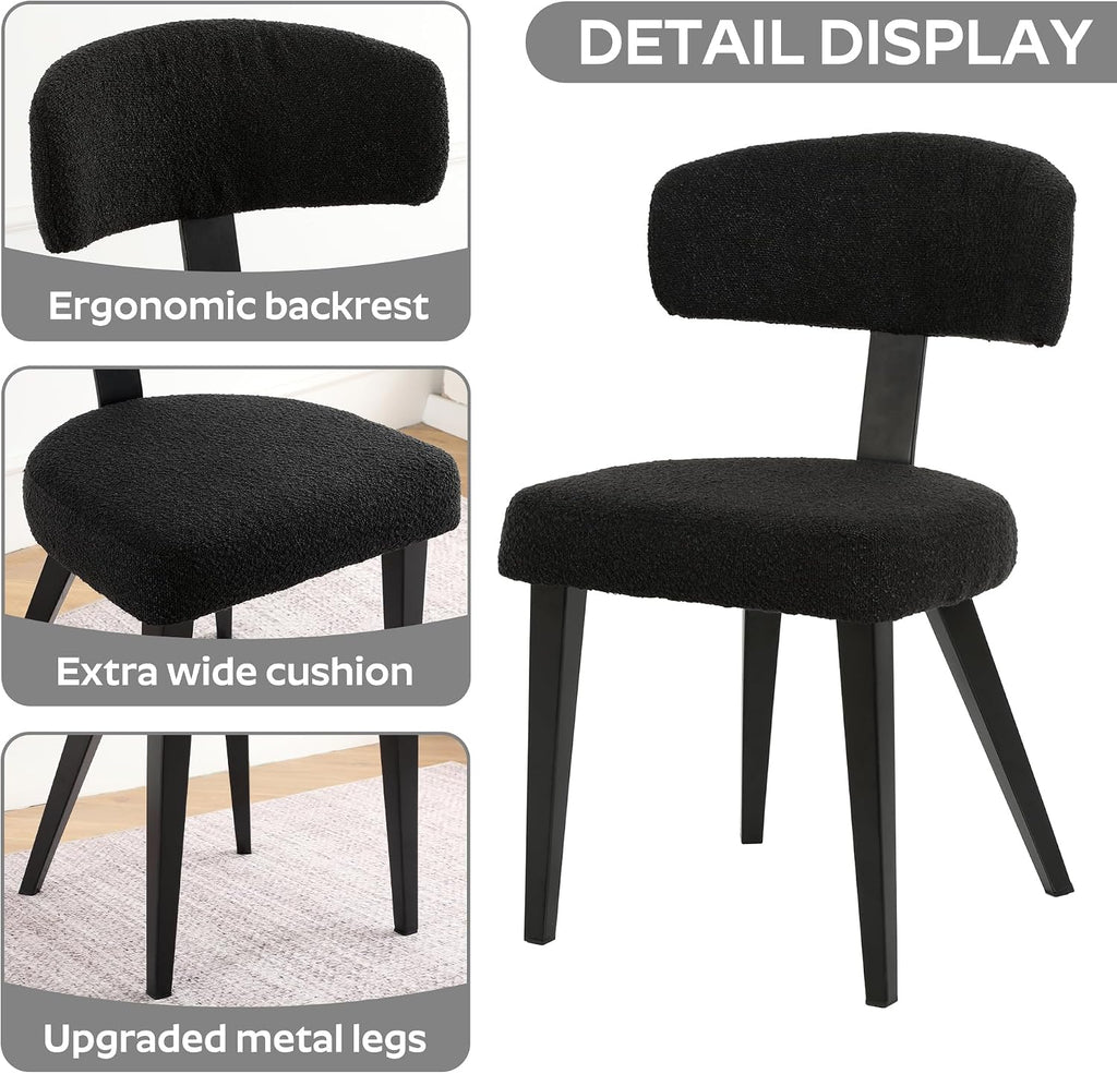 Small Dining Table Set for 2, 36' Round Kitchen Table with 2 Teddy Boucle Dining Chairs, Tempered Glass Top with Metal Legs(All Black)