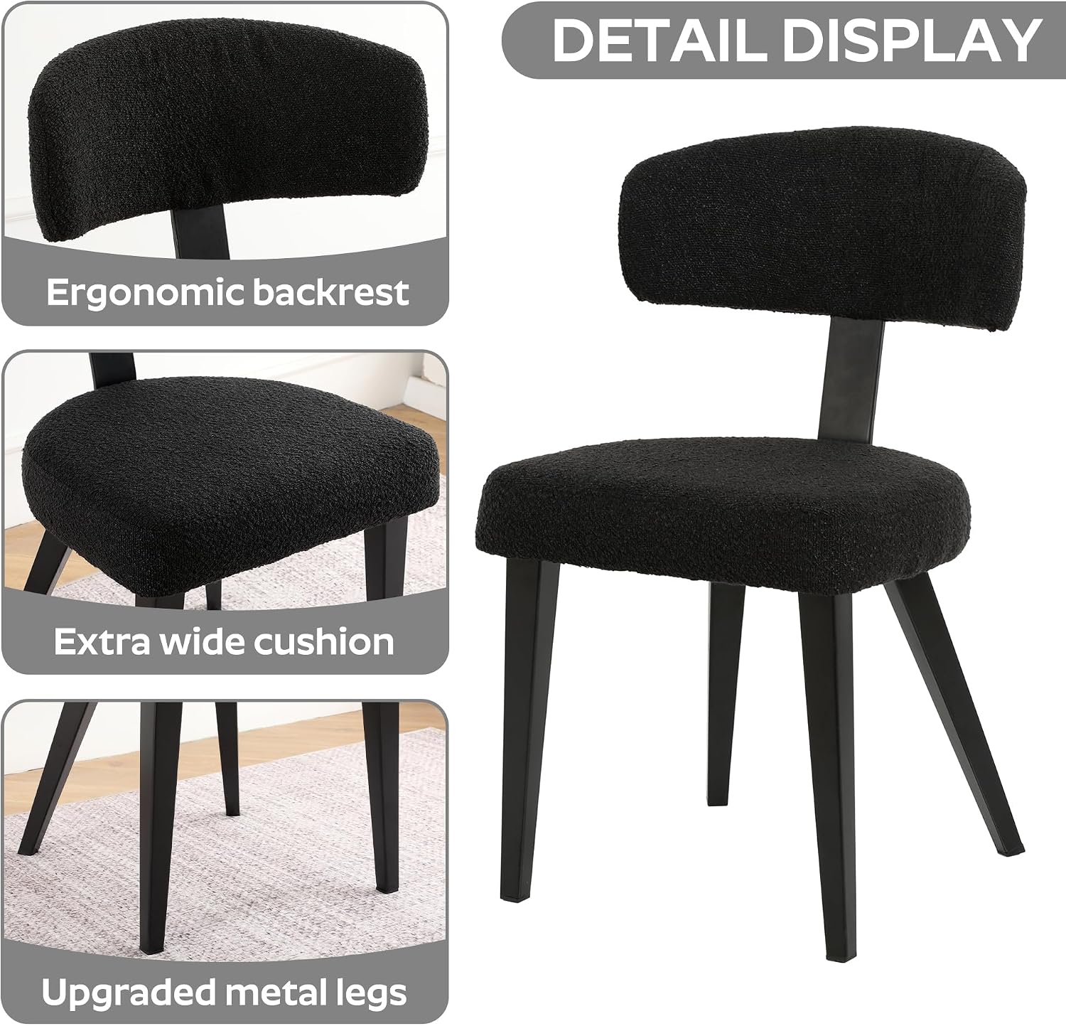 Small Dining Table Set for 2, 36' Round Kitchen Table with 2 Teddy Boucle Dining Chairs, Tempered Glass Top with Metal Legs(All Black)