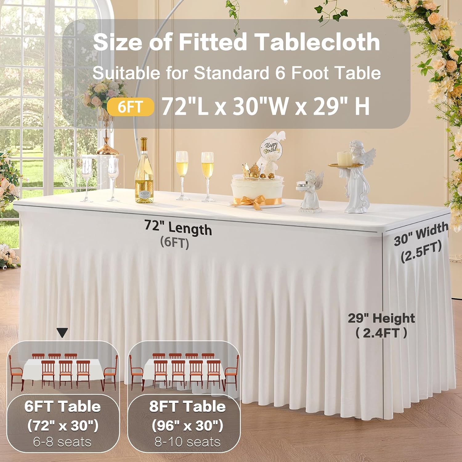 6pk Ivory Spandex Tablecloths for 6 Foot Rectangle Tables, Stretch Table Cloths 6 ft Fitted Tablecover Desk Skirt for Parties Weddings Birthday Banquet Baby Shower