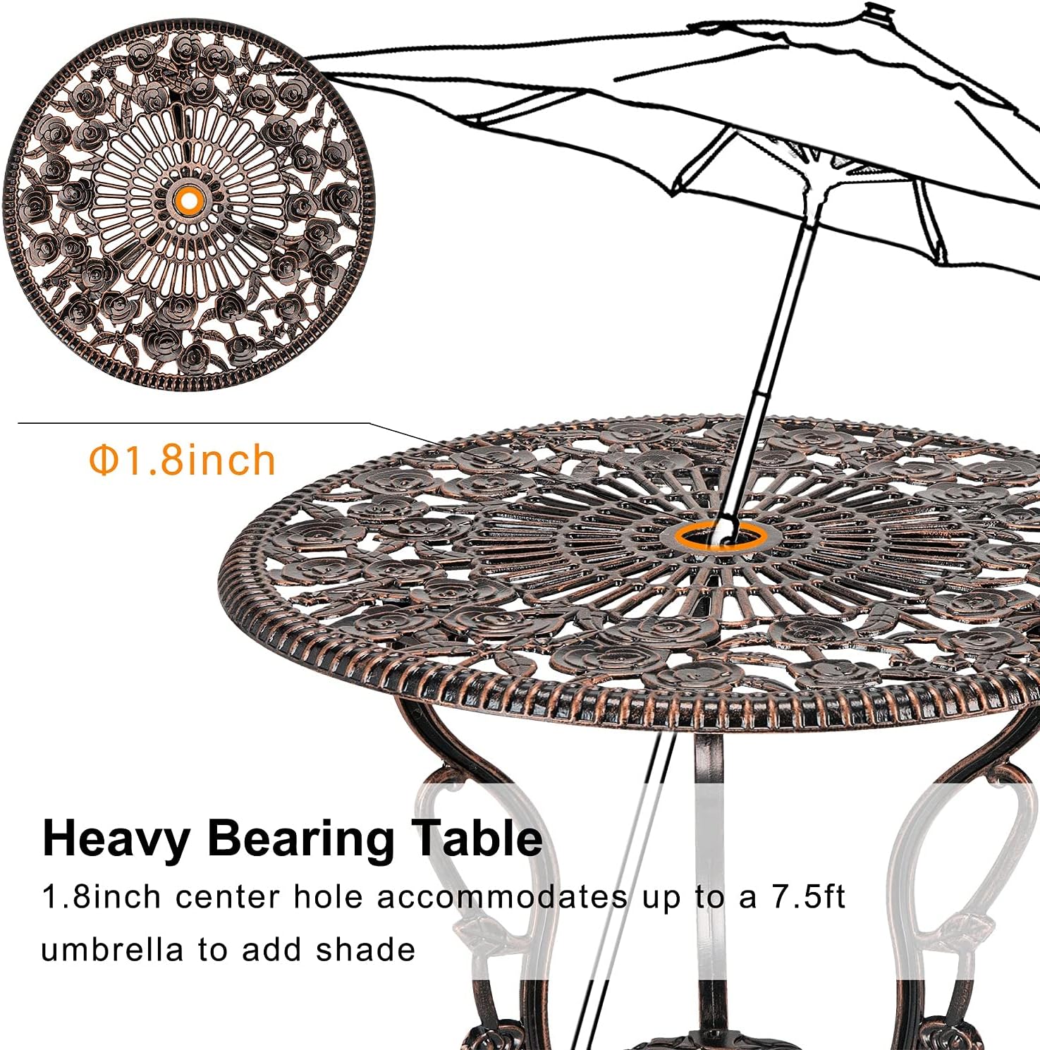 HOMEFUN Bistro Table and Chairs Set of 2 Outdoor 3 Piece Patio Set, Rose Pattern Cast Aluminum Bistro for Garden Balcony, Durable Rust All-Weather Resistance, Rose Bronze
