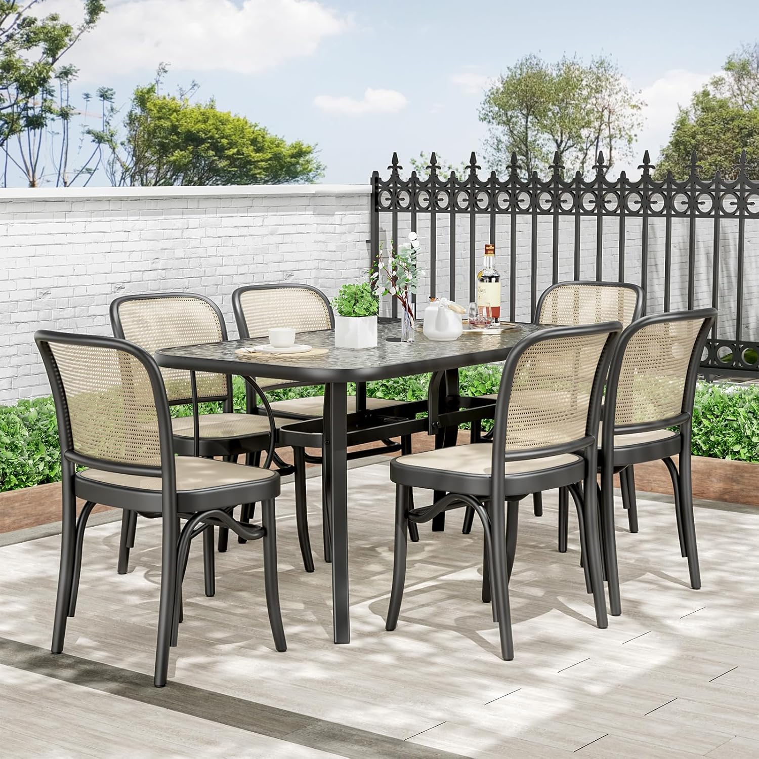 TLSUNNY Patio Outdoor Table W/ 1.69″ Umbrella Hole, 30'X 55' Rectangular Tempered Glass Patio Dining Table for 6, Outdoor Metal Furniture, All-Weather Use, for Patio, Graden, Backyard (Black)