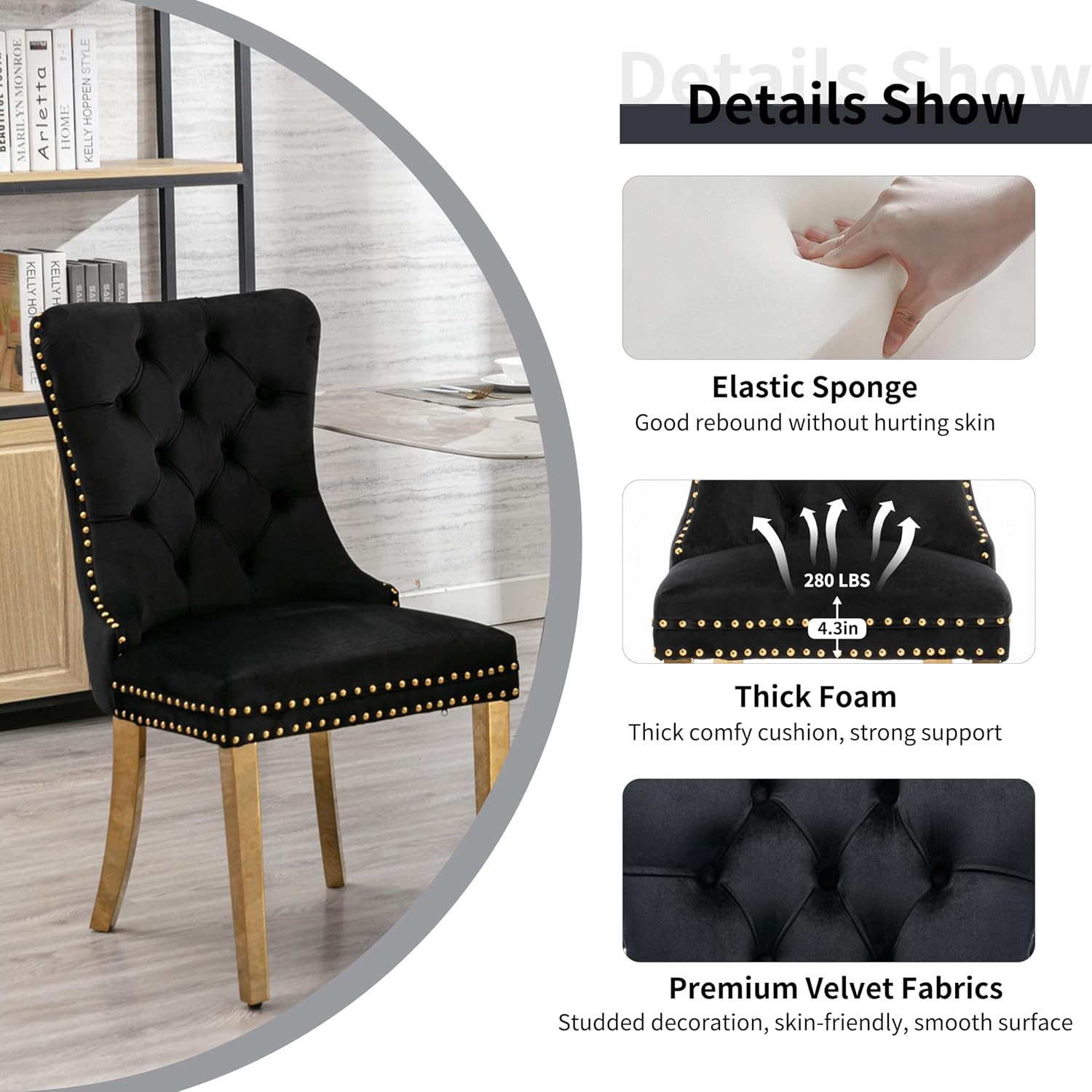 5 Piece Golden Luxury Round Glass Dining Set, Modern Minimalist Circle Kitchen Table Set for 4, 47'' Clear Circular Glass Top Dinner Room Set, Black High-end Tufted Chairs, for Large Place