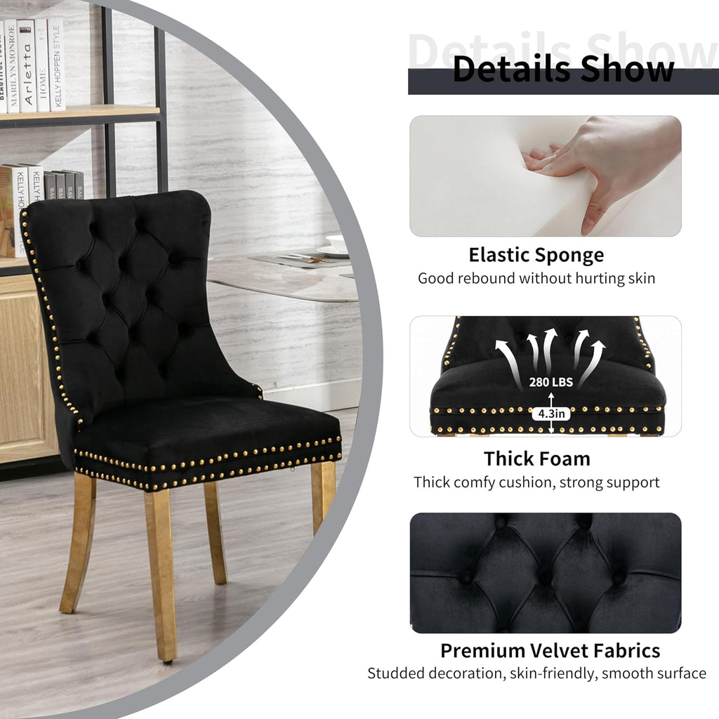 5 Pieces Gold Round Glass Dining Table Set, Modern Luxury Circle Kitchen Set for 4, 36'' Clear Minimalist Circular Glass Top Dinner Room Set, Black High-end Tufted Chairs, for Small Place