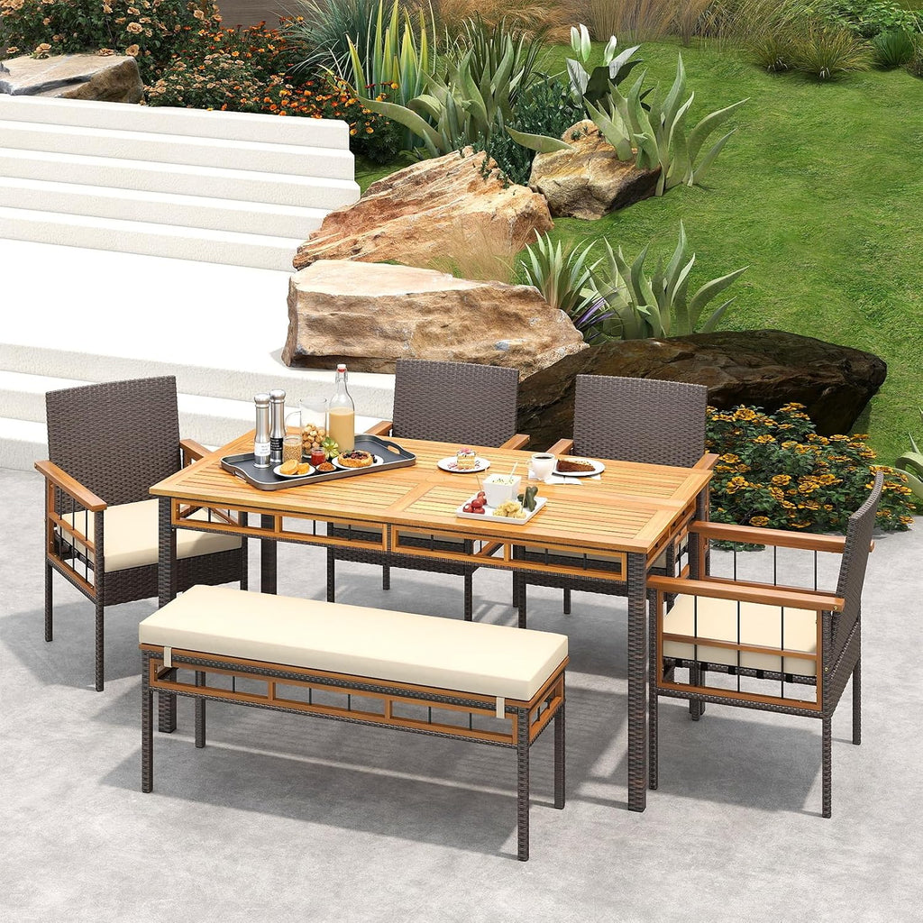 HAPPYGRILL Acacia Wood Outdoor Dining Table 63', 4-6 Person Rectangular Metal Patio Table with Umbrella Hole and Rattan Legs, Slatted Outdoor Furniture for Garden, Poolside, Backyard and Deck