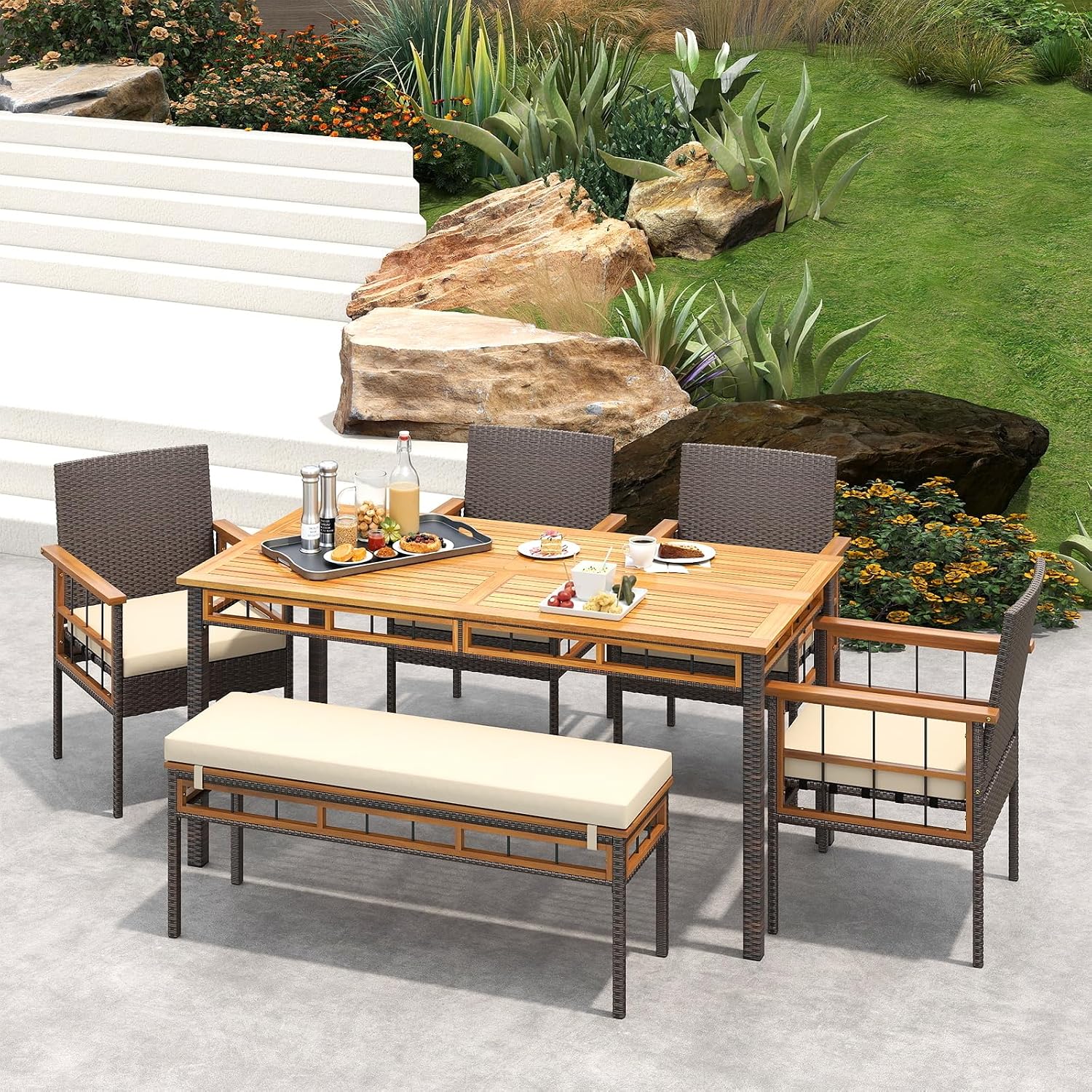 HAPPYGRILL Acacia Wood Outdoor Dining Table 63', 4-6 Person Rectangular Metal Patio Table with Umbrella Hole and Rattan Legs, Slatted Outdoor Furniture for Garden, Poolside, Backyard and Deck
