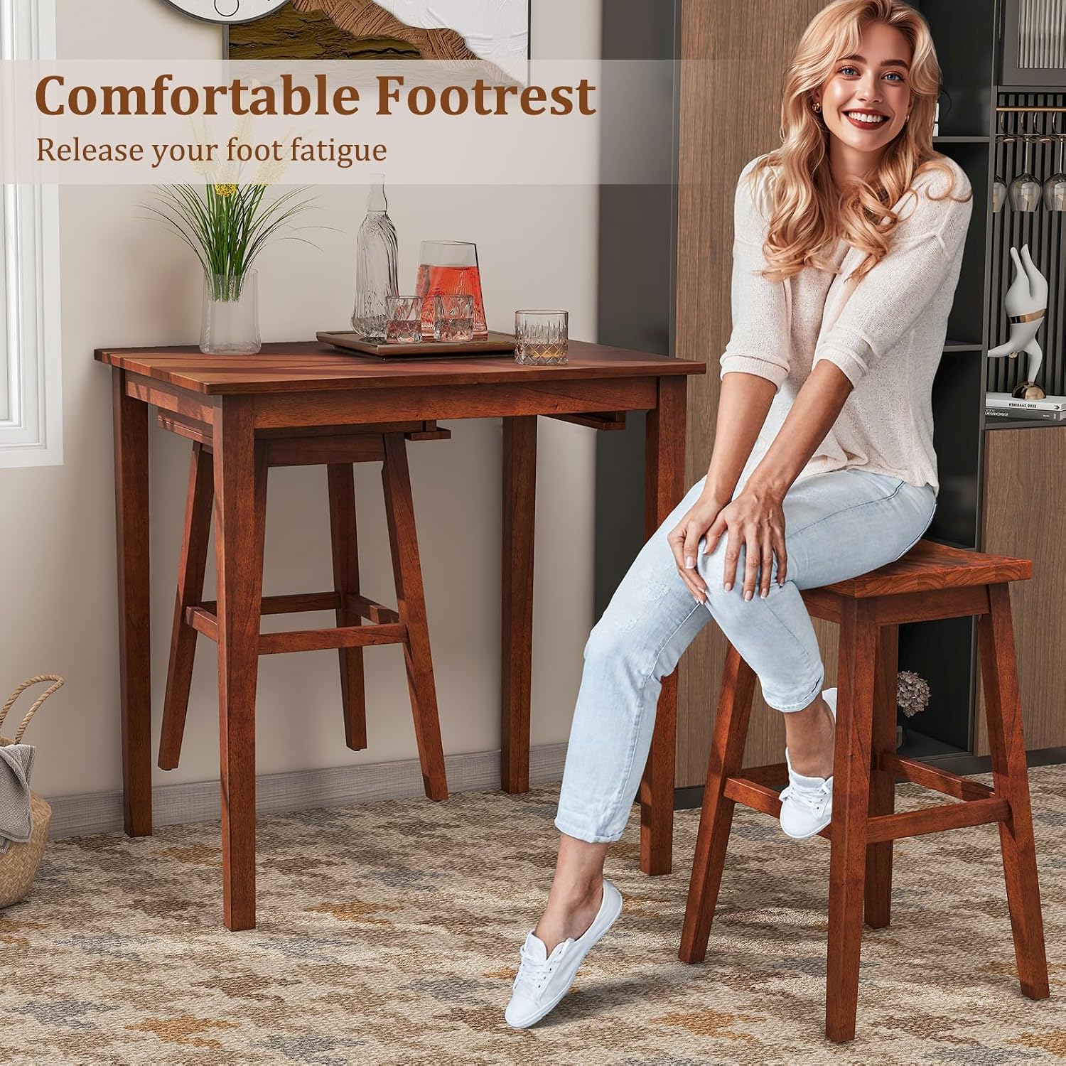 Giantex Bar Table and Chairs Set - 3-Piece Counter Height Dining Table Set with Hangable Bar Stools, Wood Veneered Tabletop, Rubber Wood Legs, Space Saving Dinette Set, Breakfast Nook Table Set, Brown
