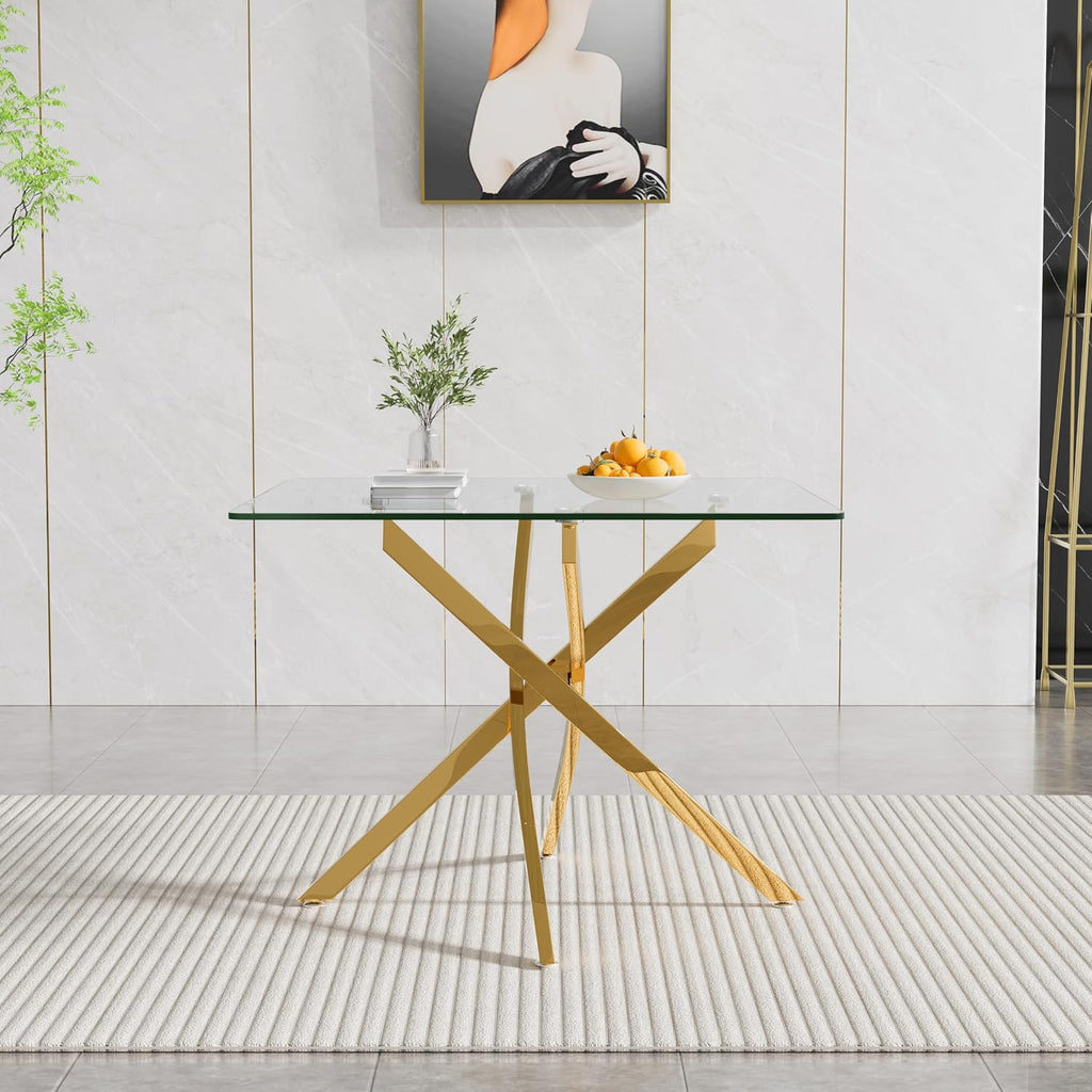 36' Square Dining Table for 4, Modern Clear Glass Kitchen Table for 4 with Gold X Metal Legs, Contemporary Small Glass Dining Room Leisure Tables for Kitchen Apartment