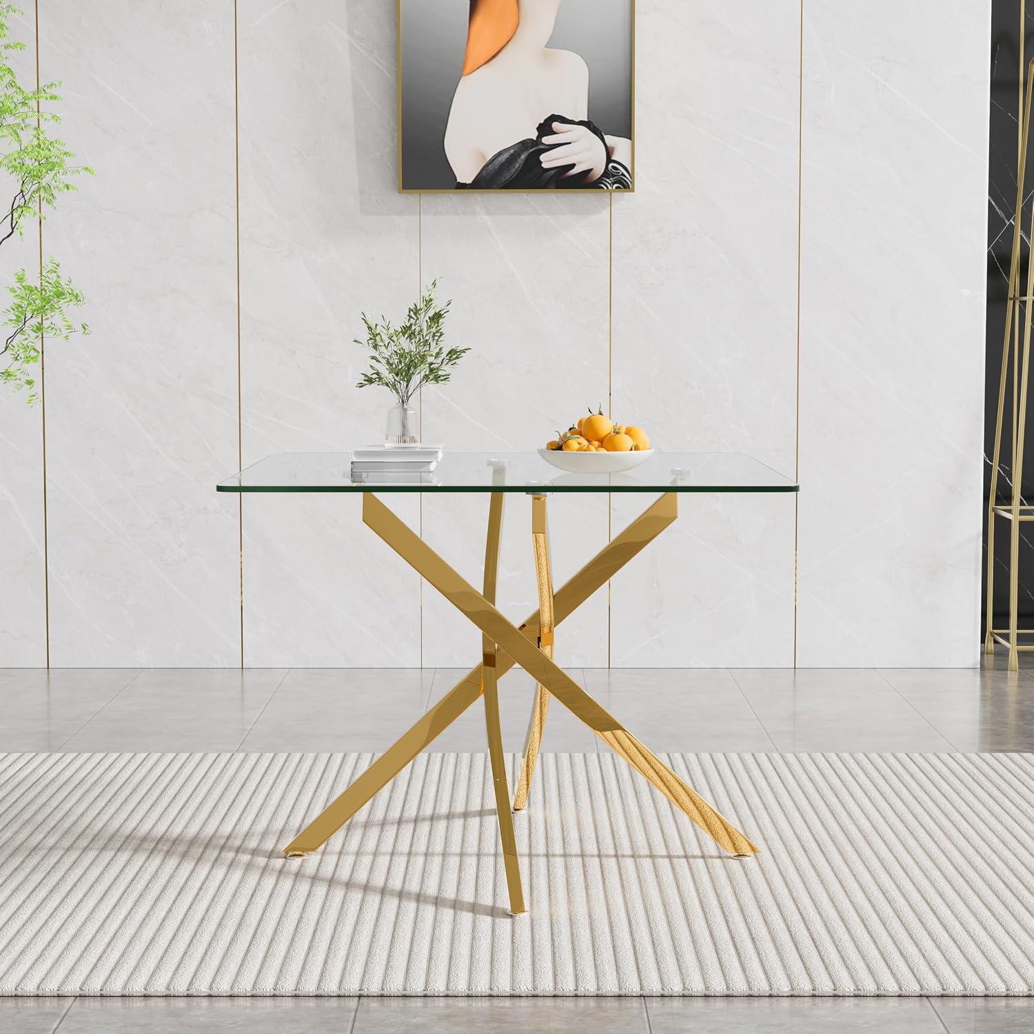 36' Square Dining Table for 4, Modern Clear Glass Kitchen Table for 4 with Gold X Metal Legs, Contemporary Small Glass Dining Room Leisure Tables for Kitchen Apartment