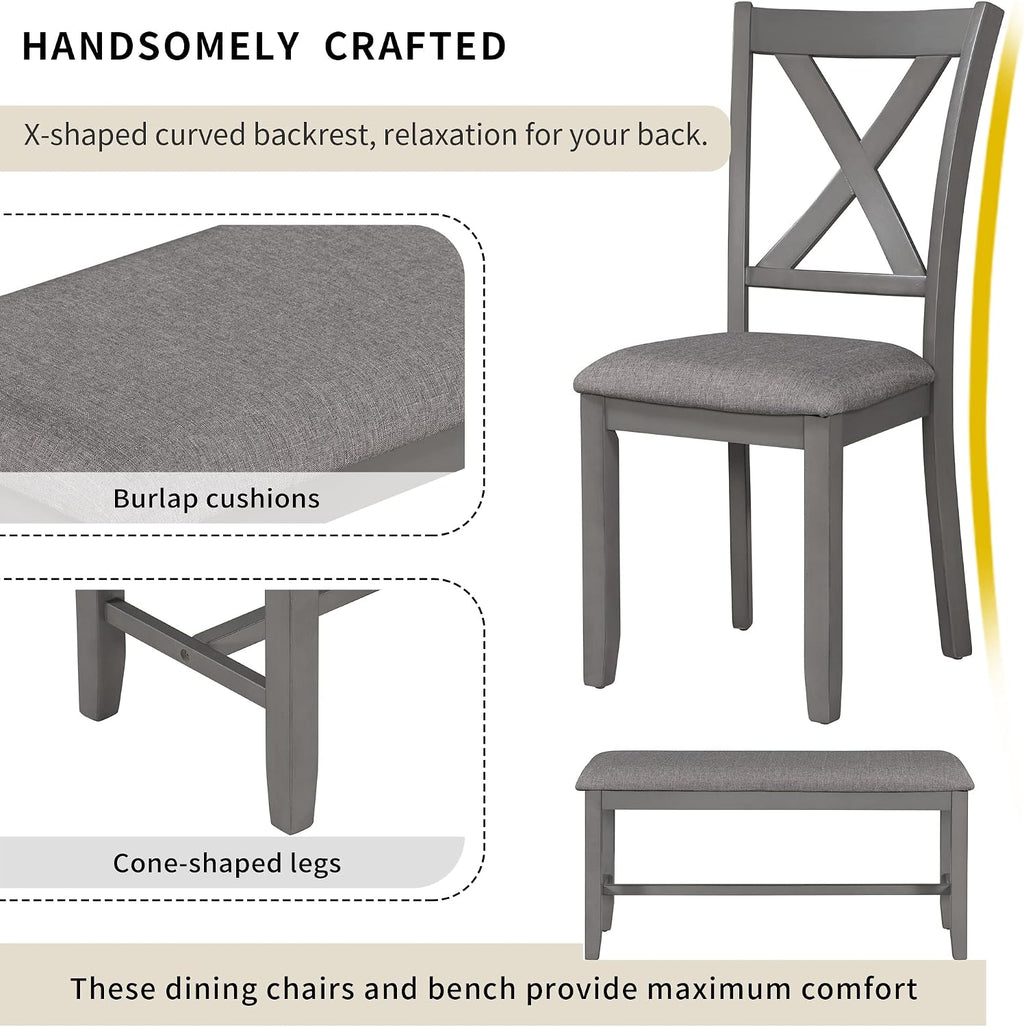 Harper & Bright Designs 6-Piece Dining Table Set, Dining Room Table Set with Wooden Rectangular Dining Table, 4 Dining Chair and Bench, Kitchen Dinette Set for 6 People (Grey)