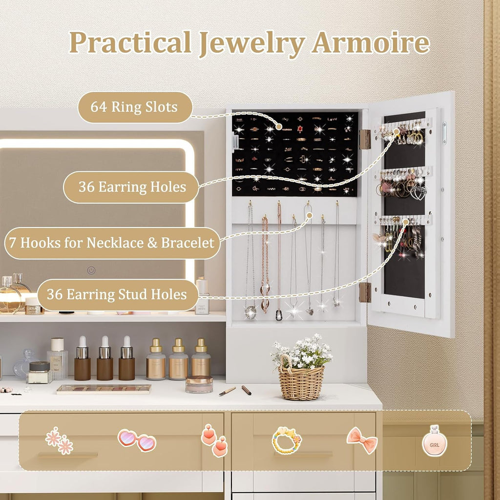 LOKO Farmhouse Vanity Set with Mirror & Lights, Dressing Table and Chair Set with 3 Lighting Modes & Adjustable Brightness, Charging Station & Hair Dryer Holder, Jewelry Cabinet, for Bedroom