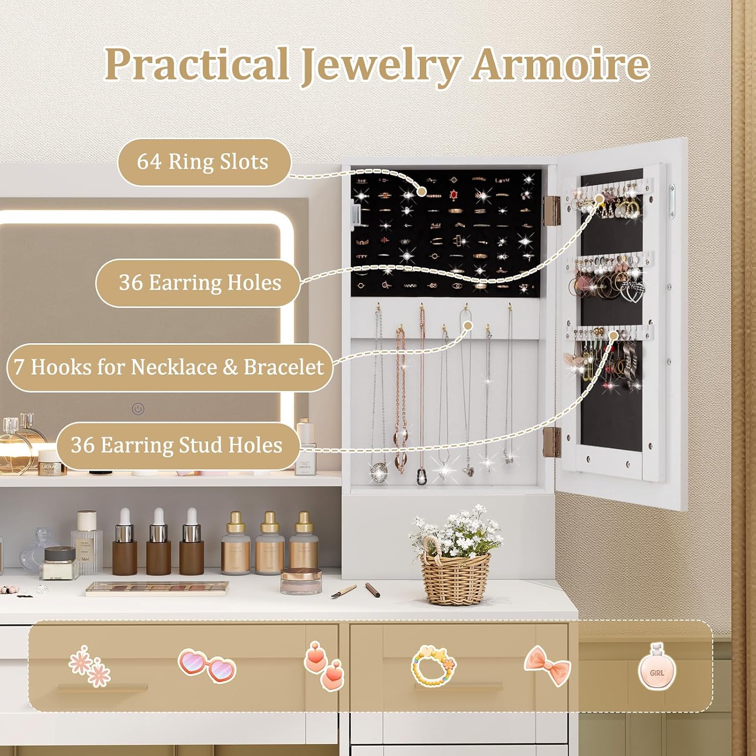 LOKO Farmhouse Vanity Set with Mirror & Lights, Dressing Table and Chair Set with 3 Lighting Modes & Adjustable Brightness, Charging Station & Hair Dryer Holder, Jewelry Cabinet, for Bedroom