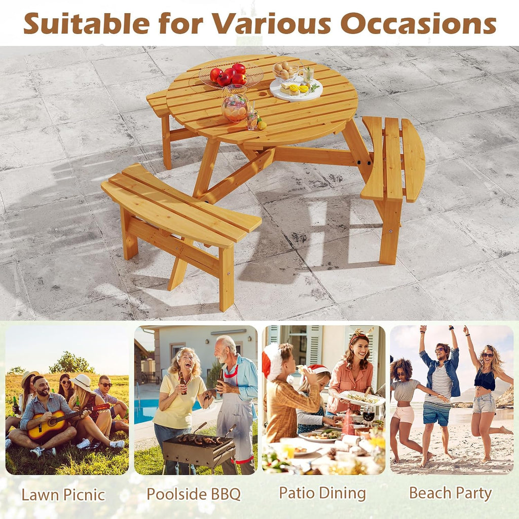 Giantex 6-Person Round Picnic Table Set with 3 Benches, 550 LBS Bench Capacity, 2' Umbrella Hole, Circular Outdoor Wood Dining Table & Chairs for Patio Yard Garden Porch Deck (68'x62'x28',Yellow)