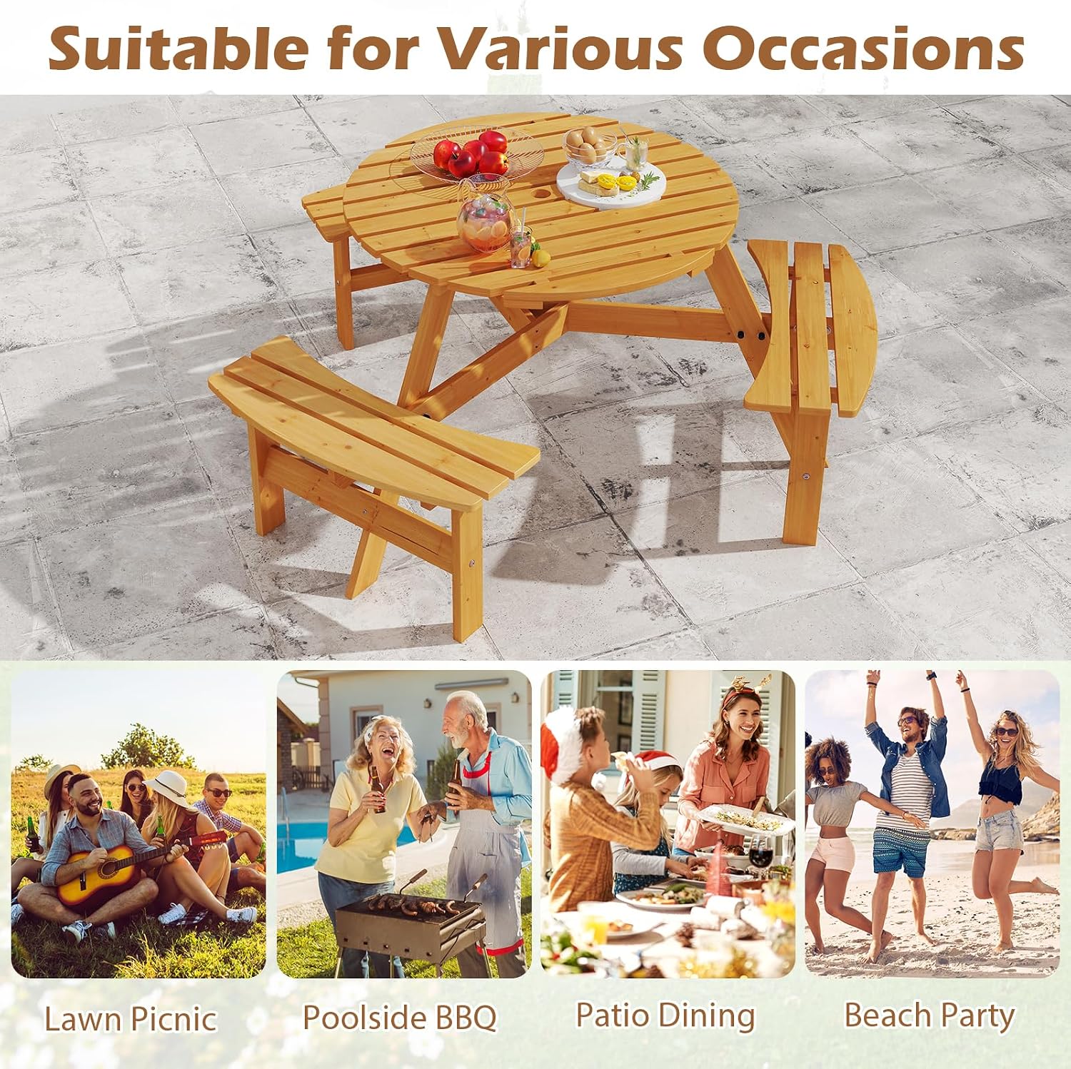 Giantex 6-Person Round Picnic Table Set with 3 Benches, 550 LBS Bench Capacity, 2' Umbrella Hole, Circular Outdoor Wood Dining Table & Chairs for Patio Yard Garden Porch Deck (68'x62'x28',Yellow)