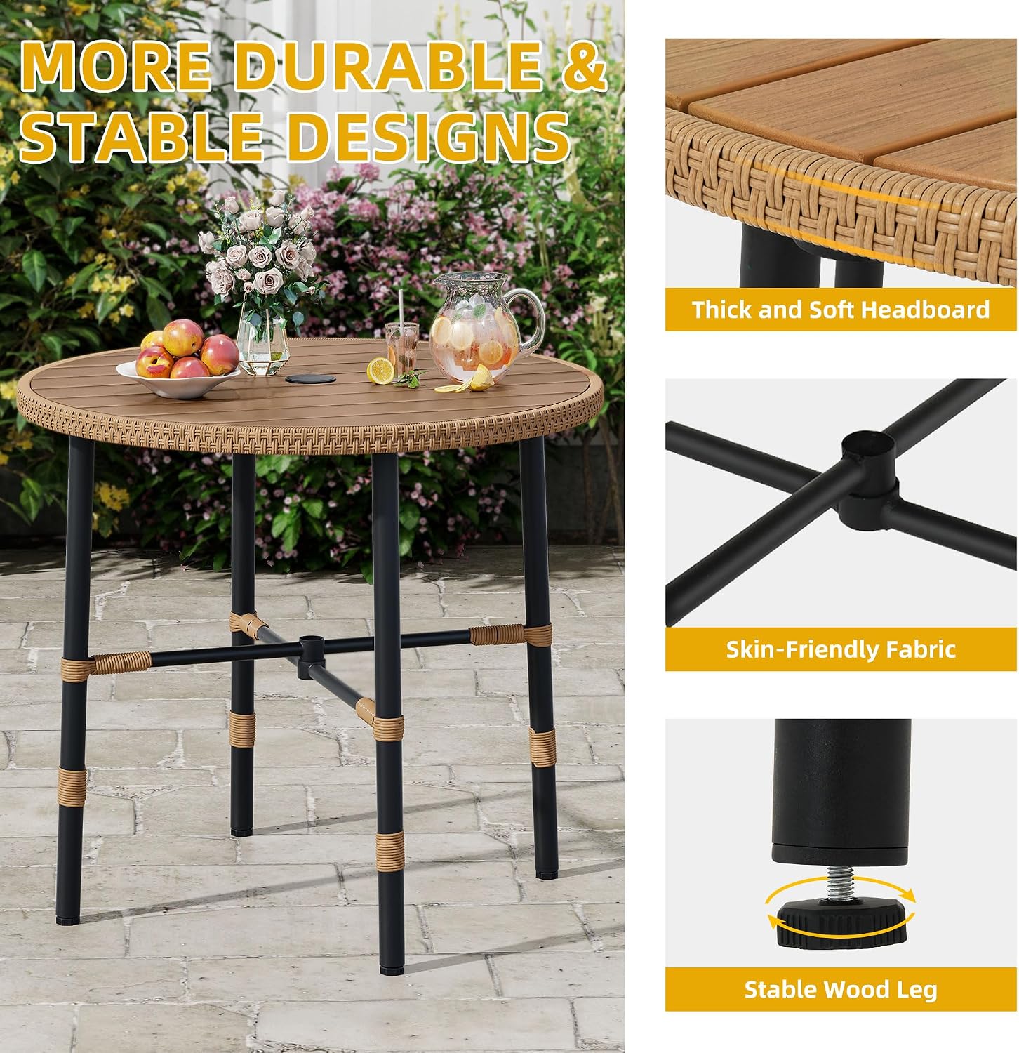 DWVO Outdoor Patio Dining Table Round for 4 35.4' Outdoor Tables with Umbrella Hole & Adjustable Levelers All-Weather Bistro Table with Metal Frame for Lawn Garden Backyard