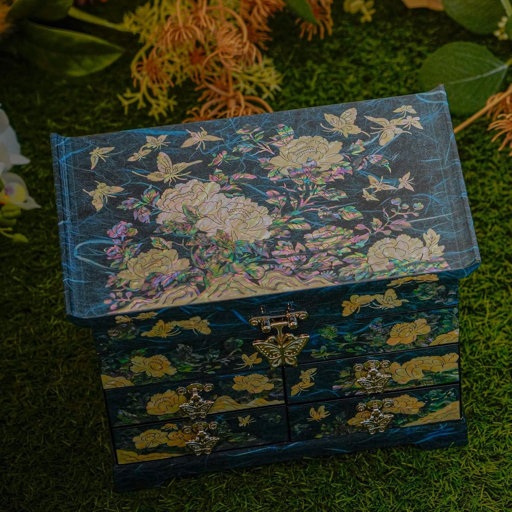 February Mountain Mother of Pearl Wooden Jewelry Organizer Box – Jewelry Storage Box for Women, Features Spacious Drawers, Ideal for Rings, Bracelets, Watches, Chains, Accessories (Peony_Blue)