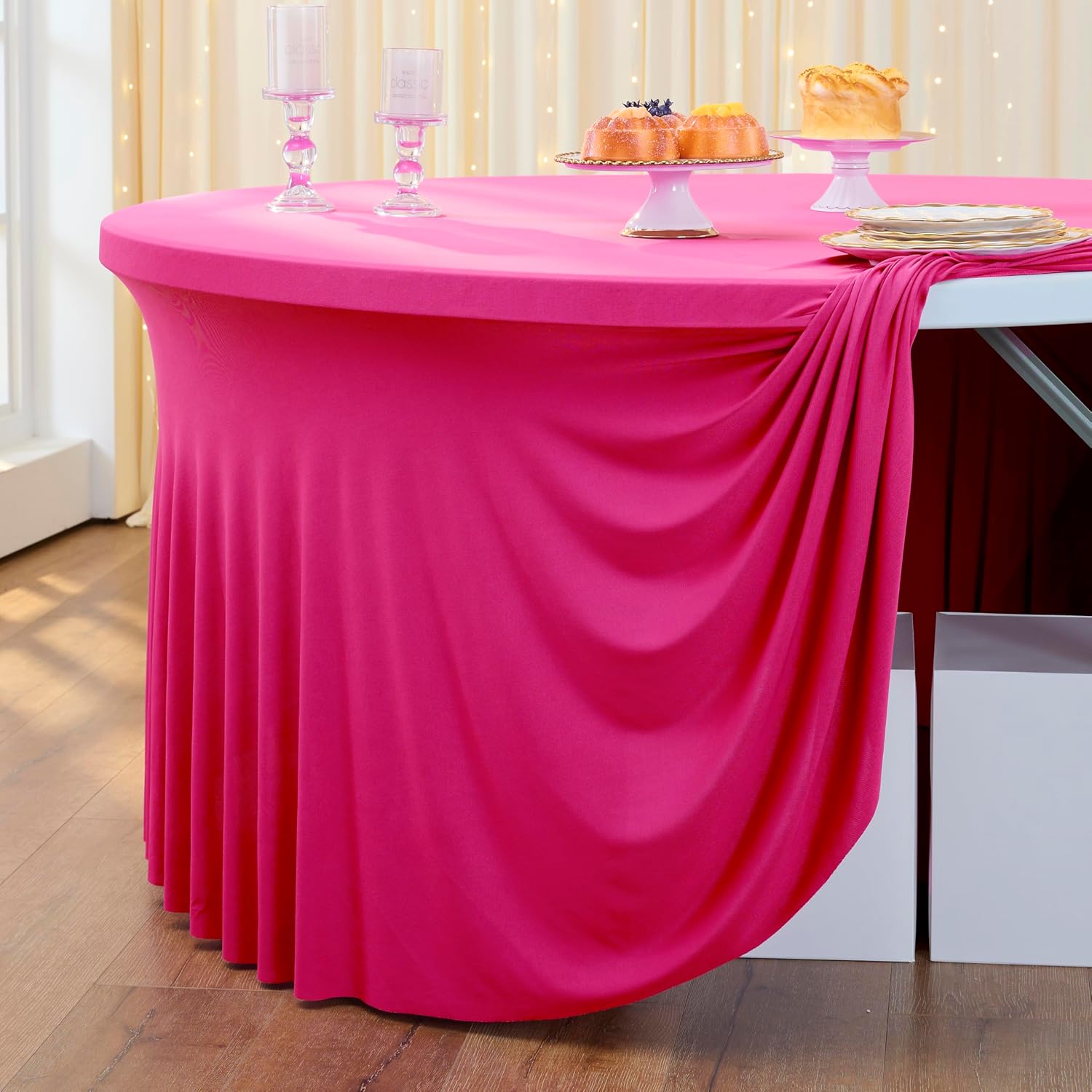 Outpain 6 Pack Spandex Hot Pink Round Tablecloths for 60in Tables, 120Inch Stretchy Fitted 5FT Round Table Clothes,Wrinkle Free Table Cover with Skirt for Wedding Party Dining Banquet