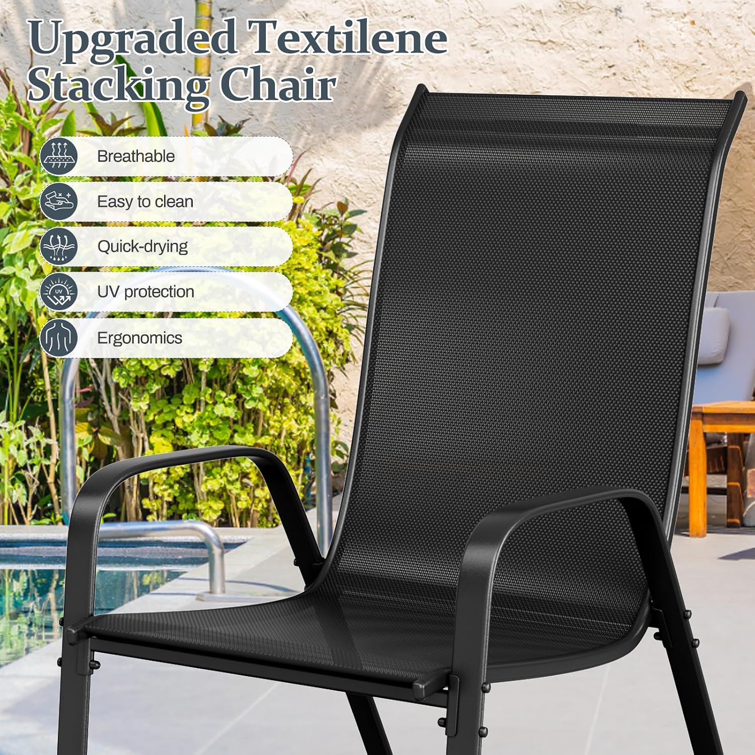 TLSUNNY 7 Pieces Patio Dining Set, Outdoor Table and Chairs W/1.69″ Umbrella Hole, 30'X 55' Table and Stackable Textilene Chair, All Weather Patio Furniture Set (Umbrella not Included) (Black)