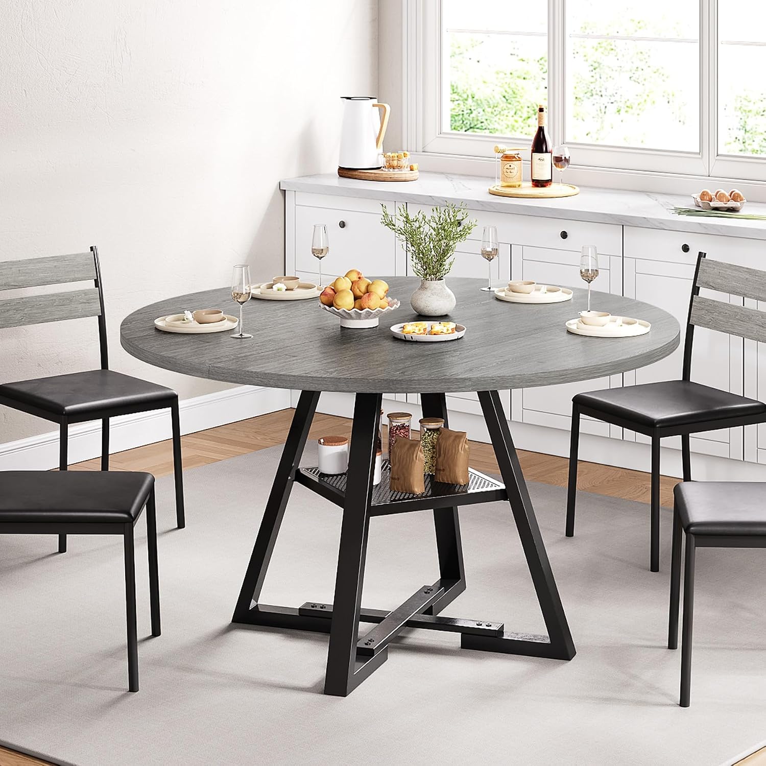 Jocoevol Round Dining Table for 4,Kitchen Dining Room Circle Dinner Pedestal Table,Space Saving Wood Kitchen & Dining Room Furniture, 42In,Grey