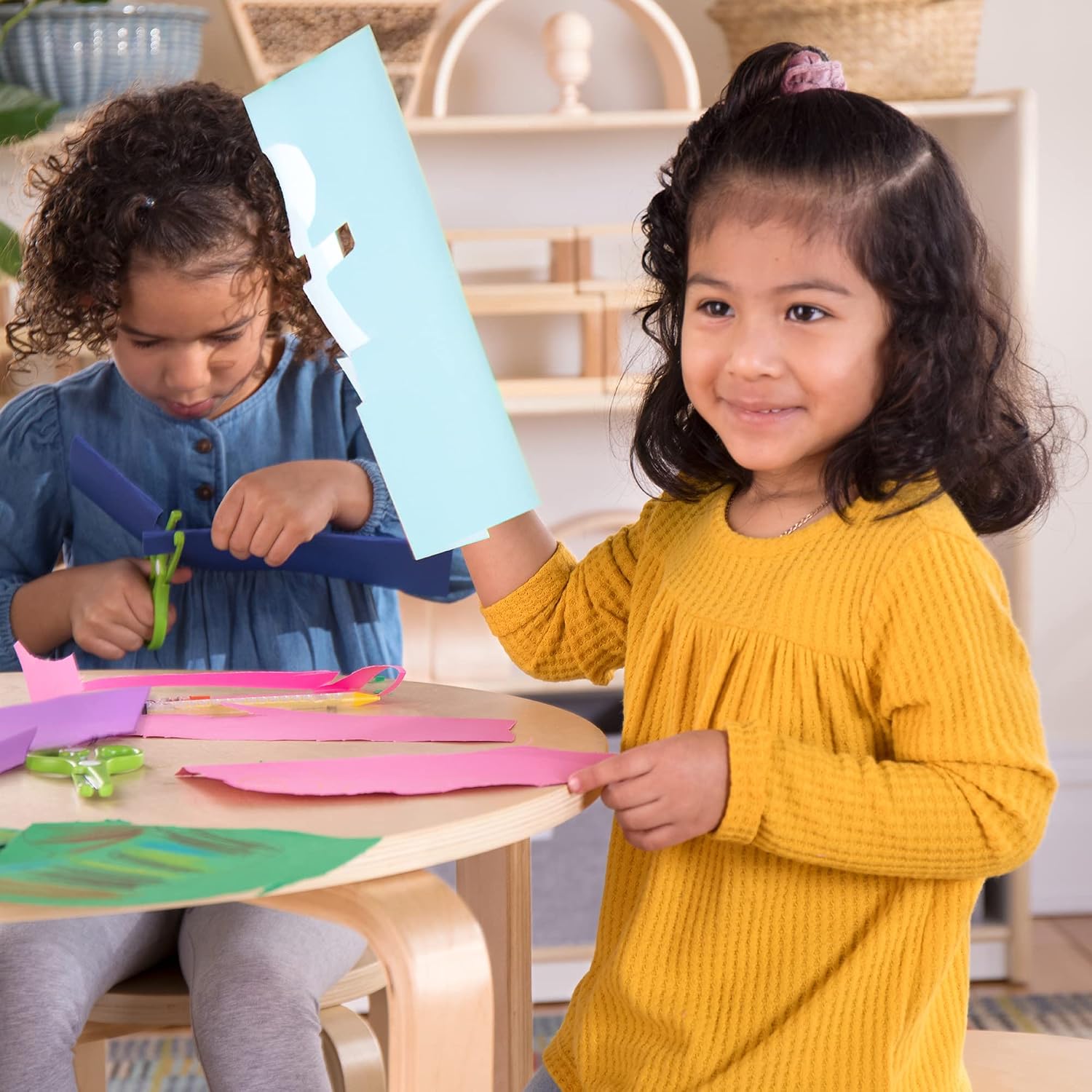 Guidecraft Nordic Table and Stools Set for Kids: Natural - 4 Stacking Bentwood Stools with Curved Wood Activity Table - Children's Modern Kitchen, Playroom and Classroom Furniture