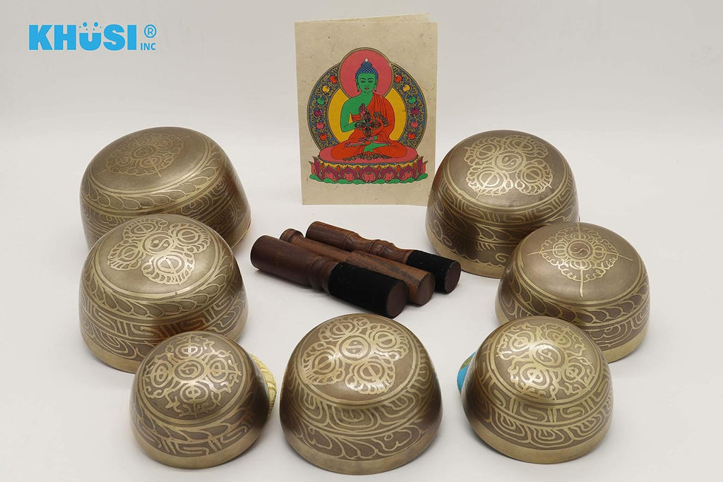 Singing Bowl Set of 7, Thadobati Design Himalayan Sound Bowl, Handcrafted, Hand hammered, Comes w/silk cushions, 3 sticks, Buddhist card, Brocade Box Ideal for Meditation, Yoga, Mindfulness Healing