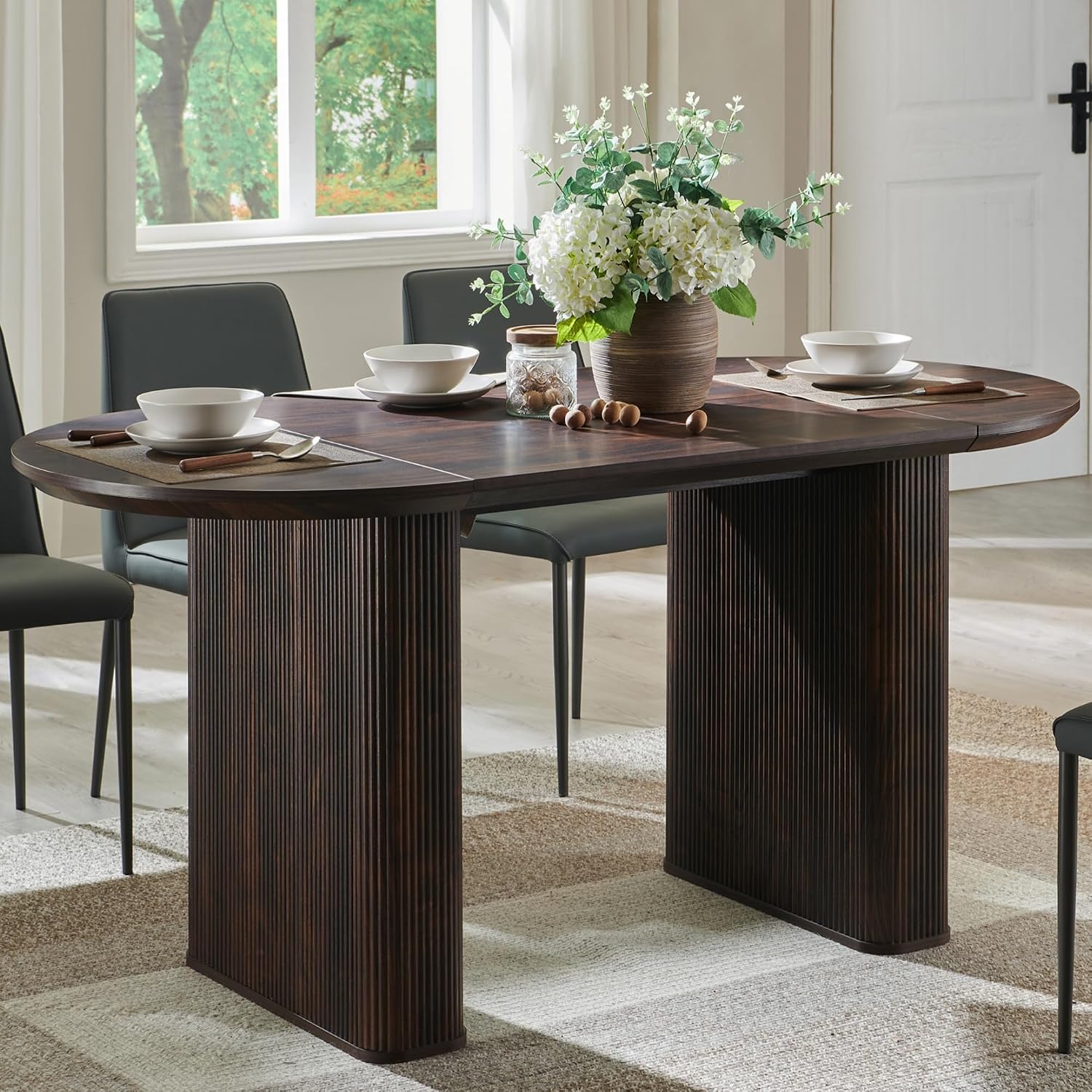 T4TREAM 63' Fluted Oval Dining Table for 4-6, Mid-Century Modern Kitchen Table with Thickened Edge & Strip Pedestal Base, Wood Luxury Table for Dining Room/Kitchen/Home Office, Walnut (Table Only)