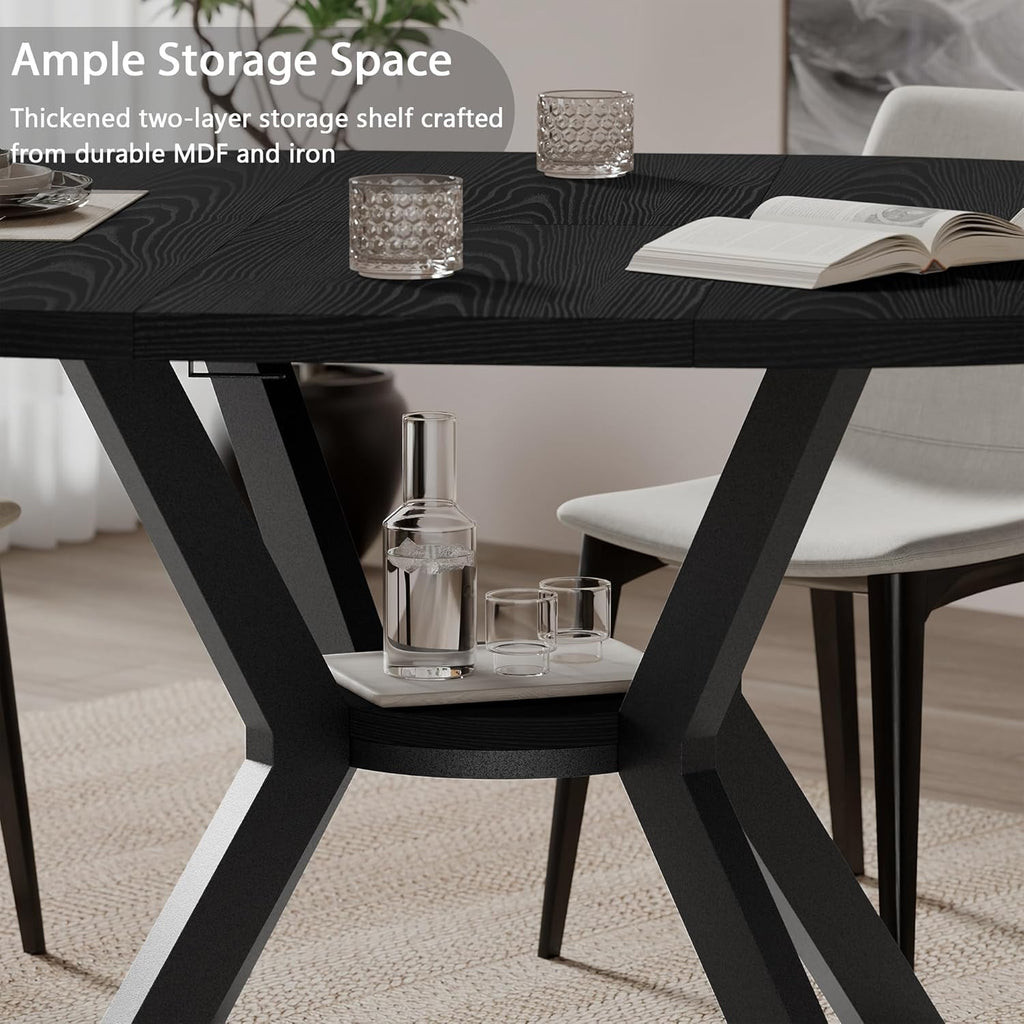 42'-58' Extendable Round Dining Table with Built-in Flip Leaf, Modern Oval Kitchen Table for 4-6, Space-Saving Small Room Furniture with Storage Shelf and X-Shaped Metal Base for Kitchen, Dining Room