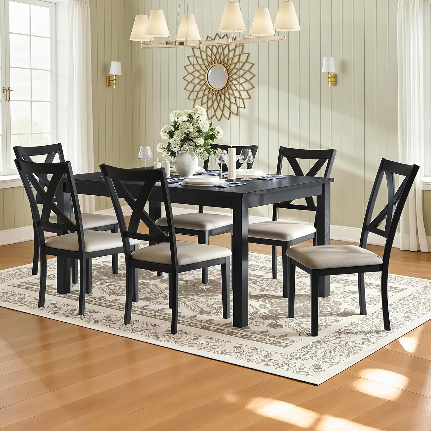 LUXOAK 7-Piece Solid Wood Dining Table Set, 60' Farmhouse Dining Table with 6 Chairs, Rectangular Table Set for 6, Kitchen & Dining Room Furniture, Grey & White