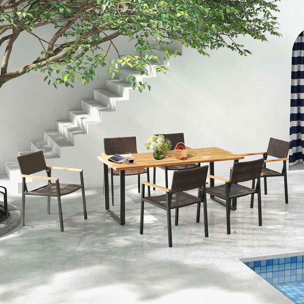 HAPPYGRILL Acacia Wood Dining Table for 6, Outdoor Patio Table with Metal Frame and 2 inch Umbrella Hole, 69 x 32 inch Rectangular Outdoor Table for Porch Balcony Garden