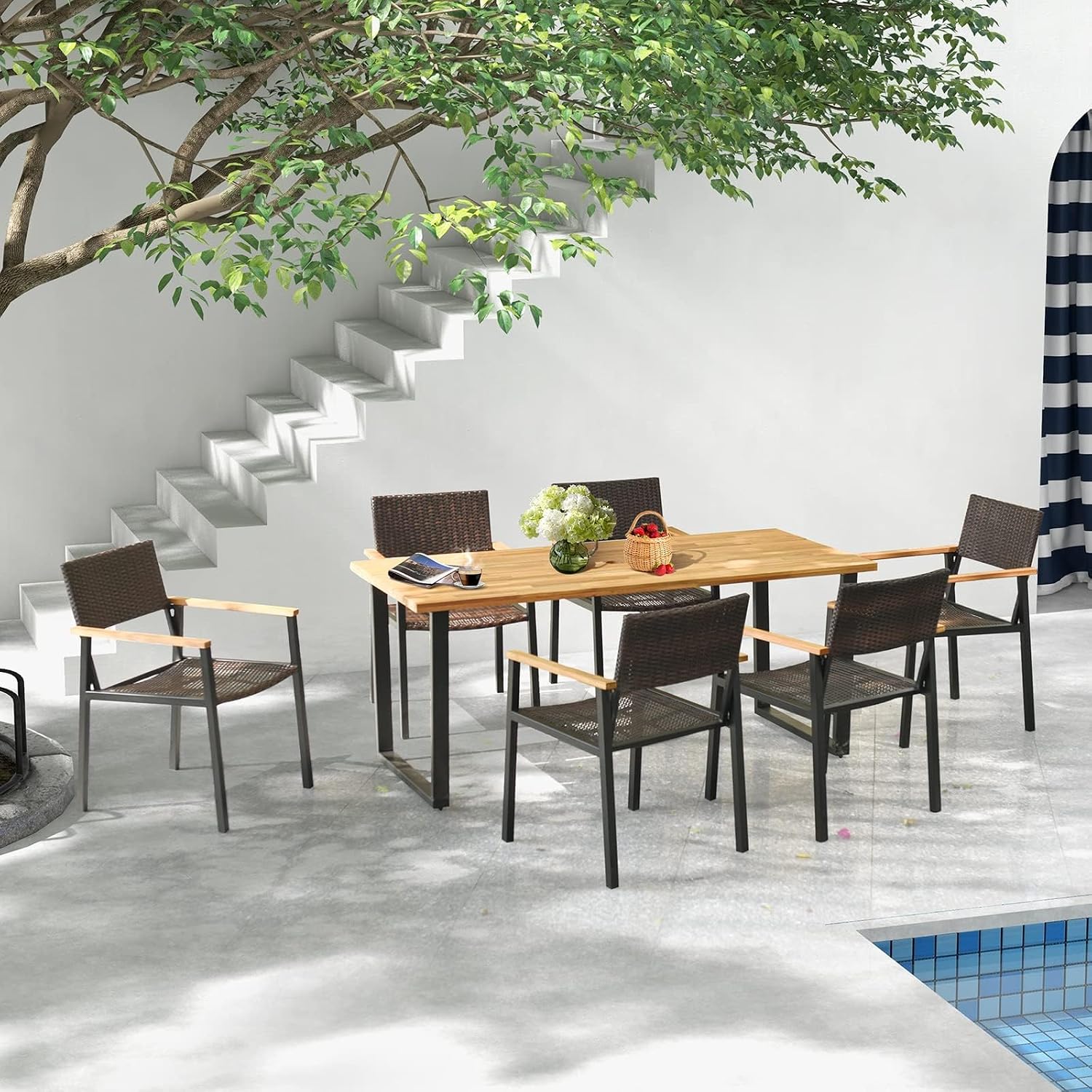 HAPPYGRILL Acacia Wood Dining Table for 6, Outdoor Patio Table with Metal Frame and 2 inch Umbrella Hole, 69 x 32 inch Rectangular Outdoor Table for Porch Balcony Garden