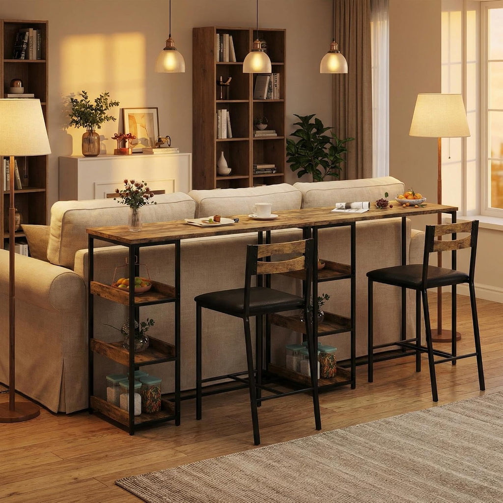GarveeHome 3-Piece Kitchen Table Set with Storage Shelves & 2 Upholstered Chairs - Iron and Wood Dining Table for Small Spaces, Apartments, Condos, Rustic Brown