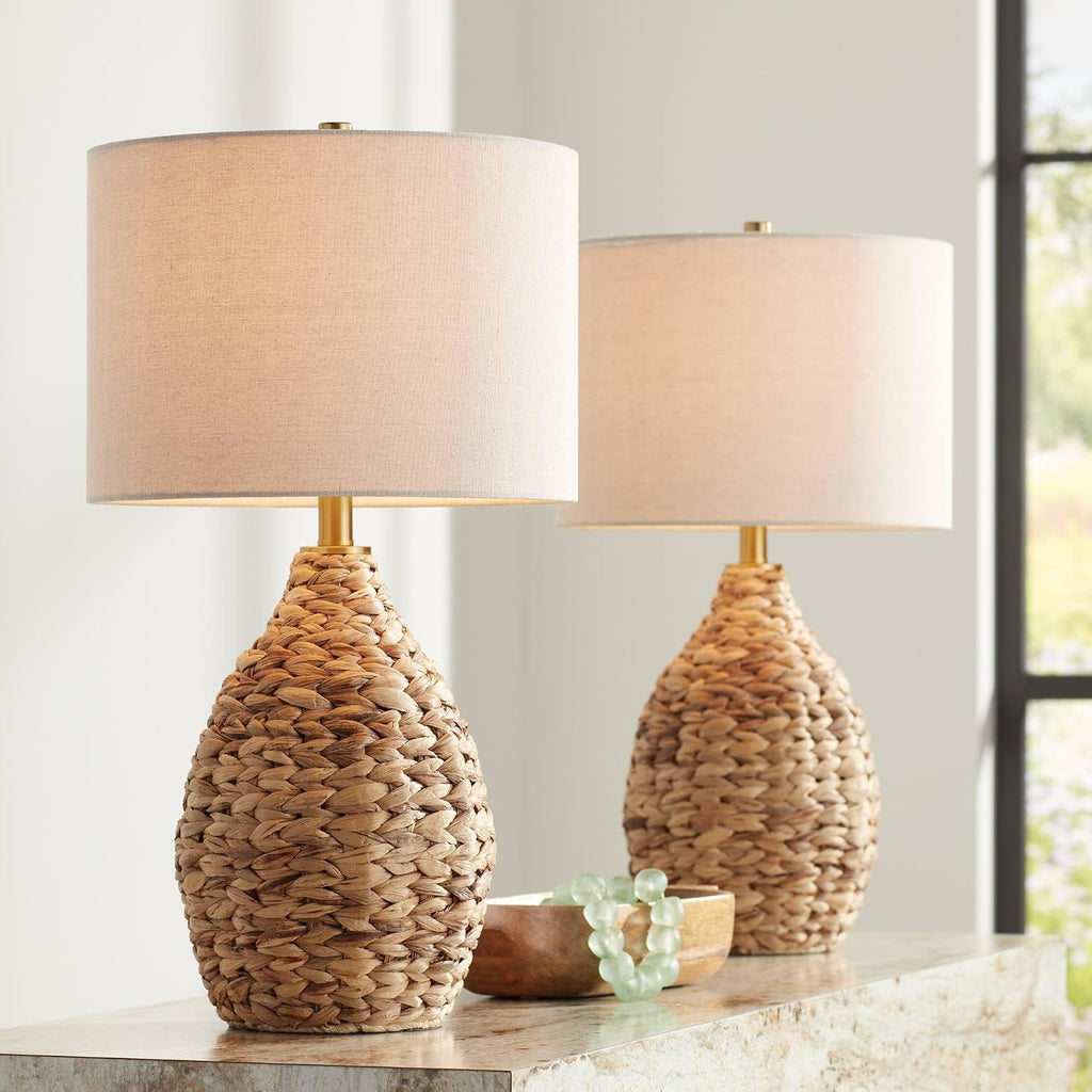 360 Lighting Corona 25 1/2' High Coastal Farmhouse Rustic Natural Cottage Table Lamps Set of 2 Woven Reed Off-White Shade Living Room Bedroom Bedside Nightstand House Office (Colors May Vary)
