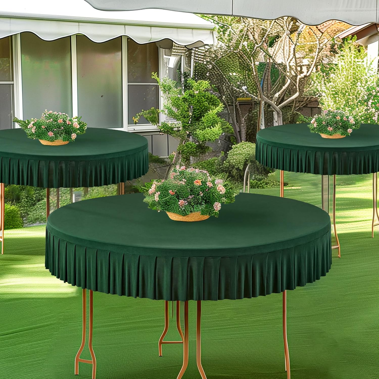 6 Pack 72 inch Green Spandex Round Tablecloths, Stretchy Fitted 6FT Round Table Cloths Wrinkle Free Table Covers with Skirt for Christmas Wedding Banquet Birthday Party