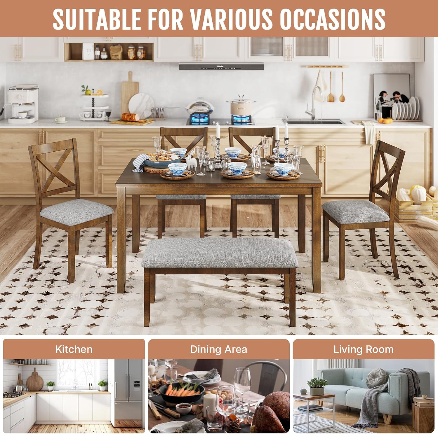 Zevemomo 6-Piece Wooden Dining Table Set, Dining Table Set for 6, Including 1 Dining Table, 4 Upholstered Chairs and 1 Bench, Wooden Legs Dining Table, Table Set for Dining Room & Kitchen, Walnut