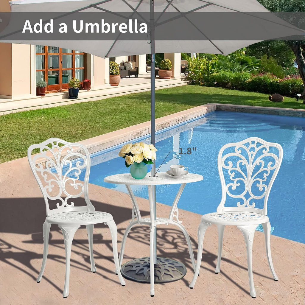 HOMEFUN Bistro Table and Chairs Set of 2 Outdoor 3 Piece Patio Set Butterfly Pattern Cast Aluminum Bistro for Garden Balcony, Durable Rust All-Weather Resistance (White)