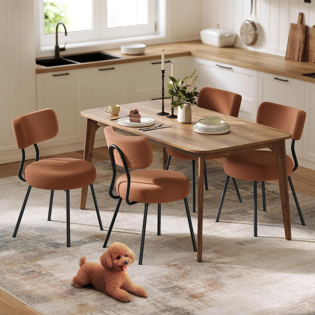 VASAGLE Boucle Dining Chairs Set of 4, Upholstered Kitchen Dining Room Chairs with Curved Backrest and Steel Frame, Modern Mid Century, Round, for Vanity, Living Room, Coffee Brown UKDC110K01-2J