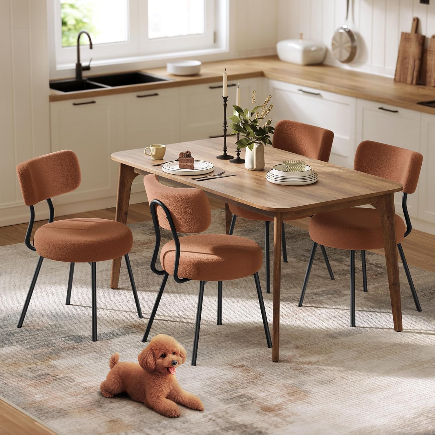VASAGLE Boucle Dining Chairs Set of 4, Upholstered Kitchen Dining Room Chairs with Curved Backrest and Steel Frame, Modern Mid Century, Round, for Vanity, Living Room, Coffee Brown UKDC110K01-2J