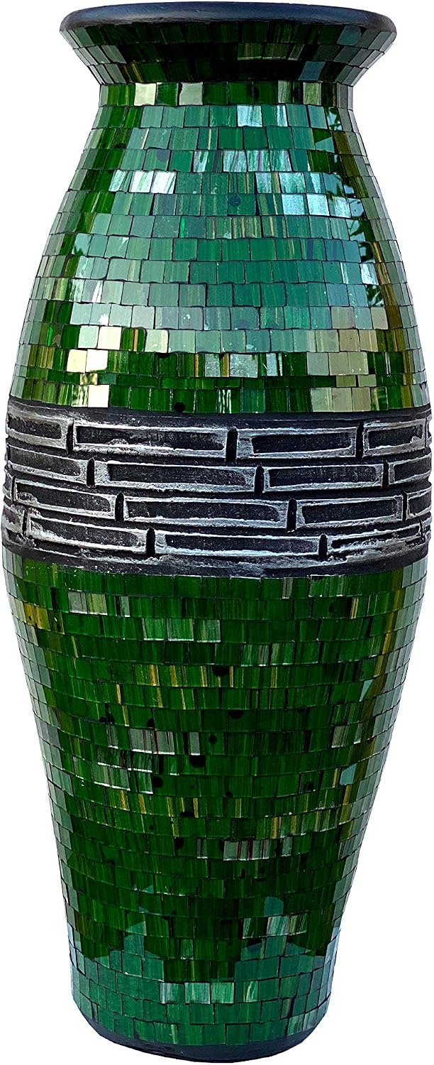 Floor Vase – Tall Cylinder Made of Terracotta with Forest Green Glass Mosaic Pieces – Exquisite Home Décor Accent Piece (24 x 10 Inches)