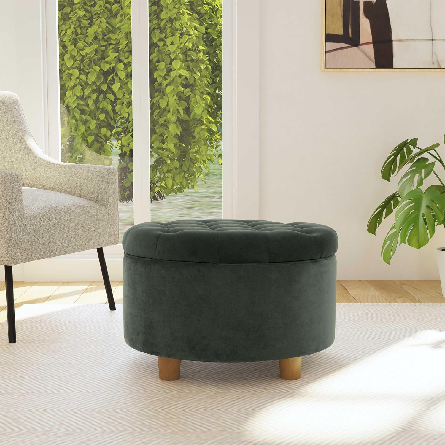 HomePop Home Decor | Large Button Tufted Velvet Round Storage Ottoman | Ottoman with Storage for Living Room & Bedroom, Loden Green Velvet, 28'