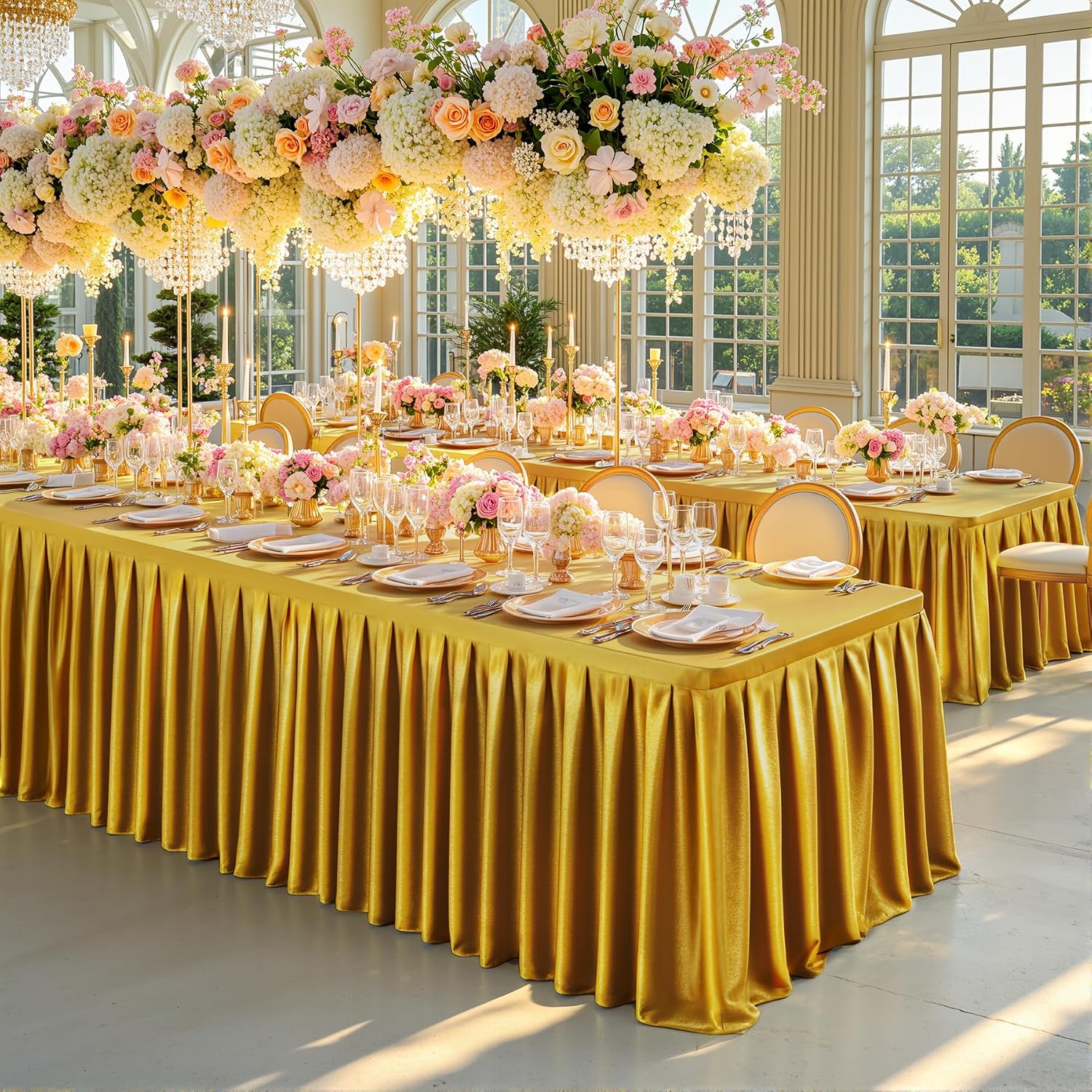 6 Pack 6FT Gold Satin Tablecloths for Rectangle Tables - Shiny Spandex Party Table Cover with Pleated Table Skirt, No-Wrinkle & Glossy Wedding Tablecloth One-Piece for Birthday Baby Shower Banquet