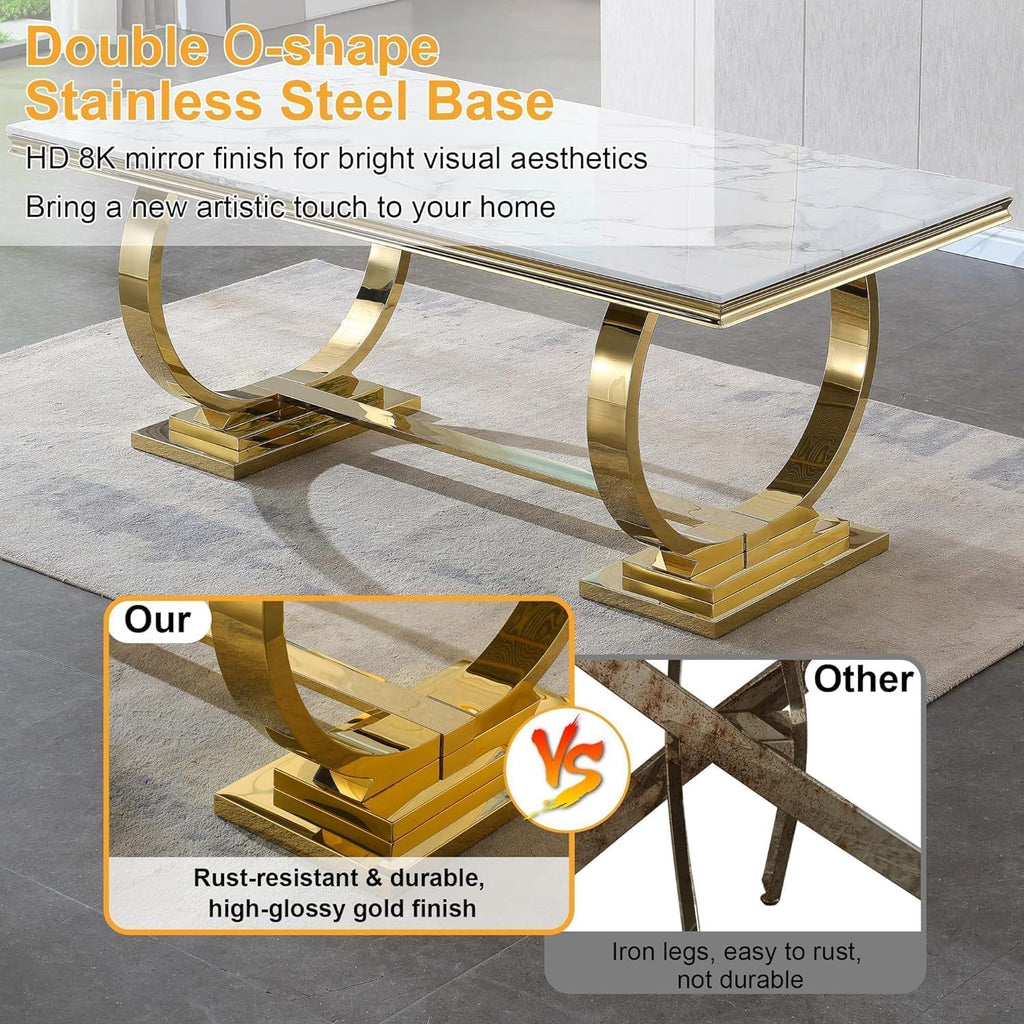 68' White Marble Dining Table for 6-8, Mid Century Modern Dining Table with Faux Marble Top & Gold O Shape Stainless Steel Base, Large Luxury Rectangular Dinner Table for Kitchen Dining Room