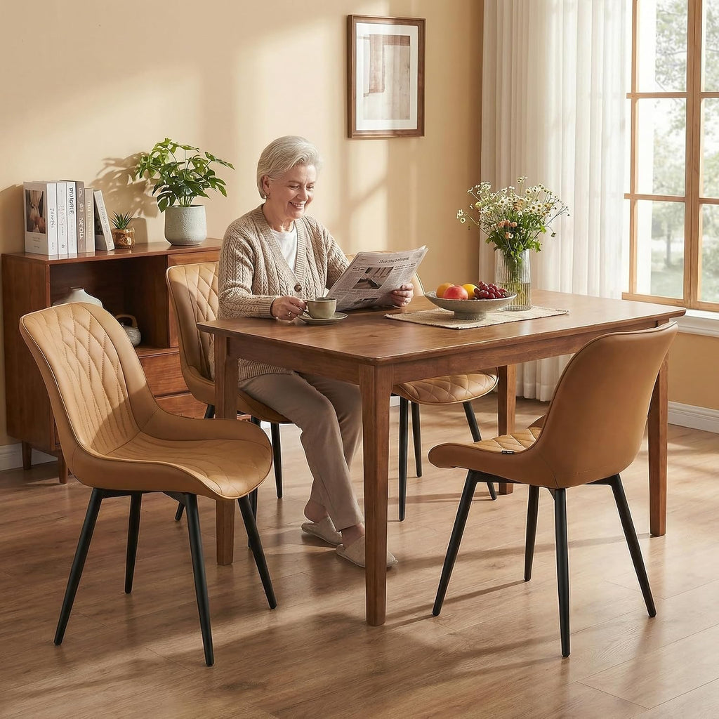 YOUNIKE Faux Leather Dining Chairs Set of 2 Mid-Century Modern High Padded Back Comfy Upholstered Kitchen Chairs with Metal Legs Wide Seat Accent Side Chair for Dining/Living/Waiting Room Tan