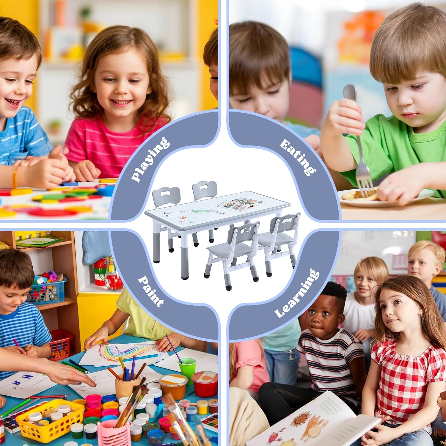 Kids Table and 4 Chairs Set, Height Adjustable Toddler Table and Chair Set, Toddler Desk with Graffiti Desktop & Non-Slip Legs, Children Activity Table for Daycare, Classroom (Grey)