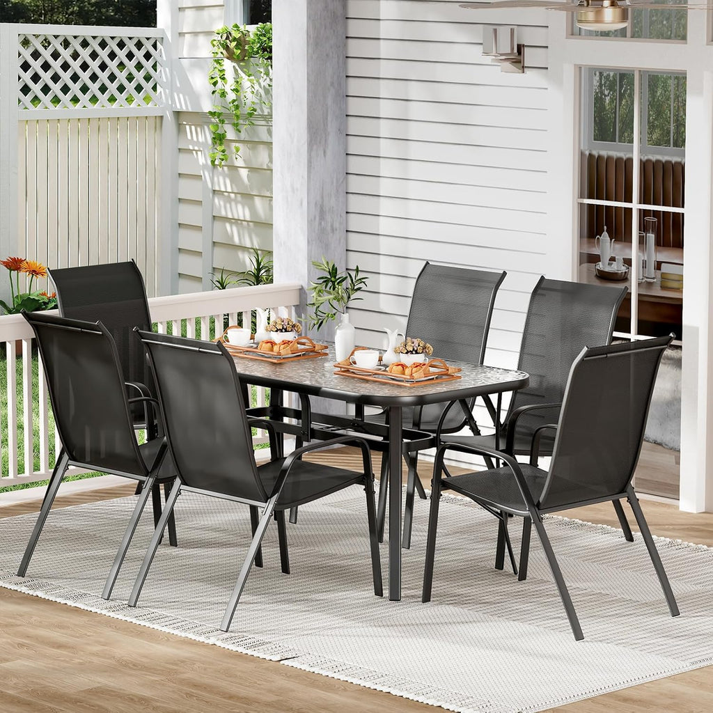 TLSUNNY 7 Pieces Patio Dining Set, Outdoor Table and Chairs W/1.69″ Umbrella Hole, 30'X 55' Table and Stackable Textilene Chair, All Weather Patio Furniture Set (Umbrella not Included) (Black)