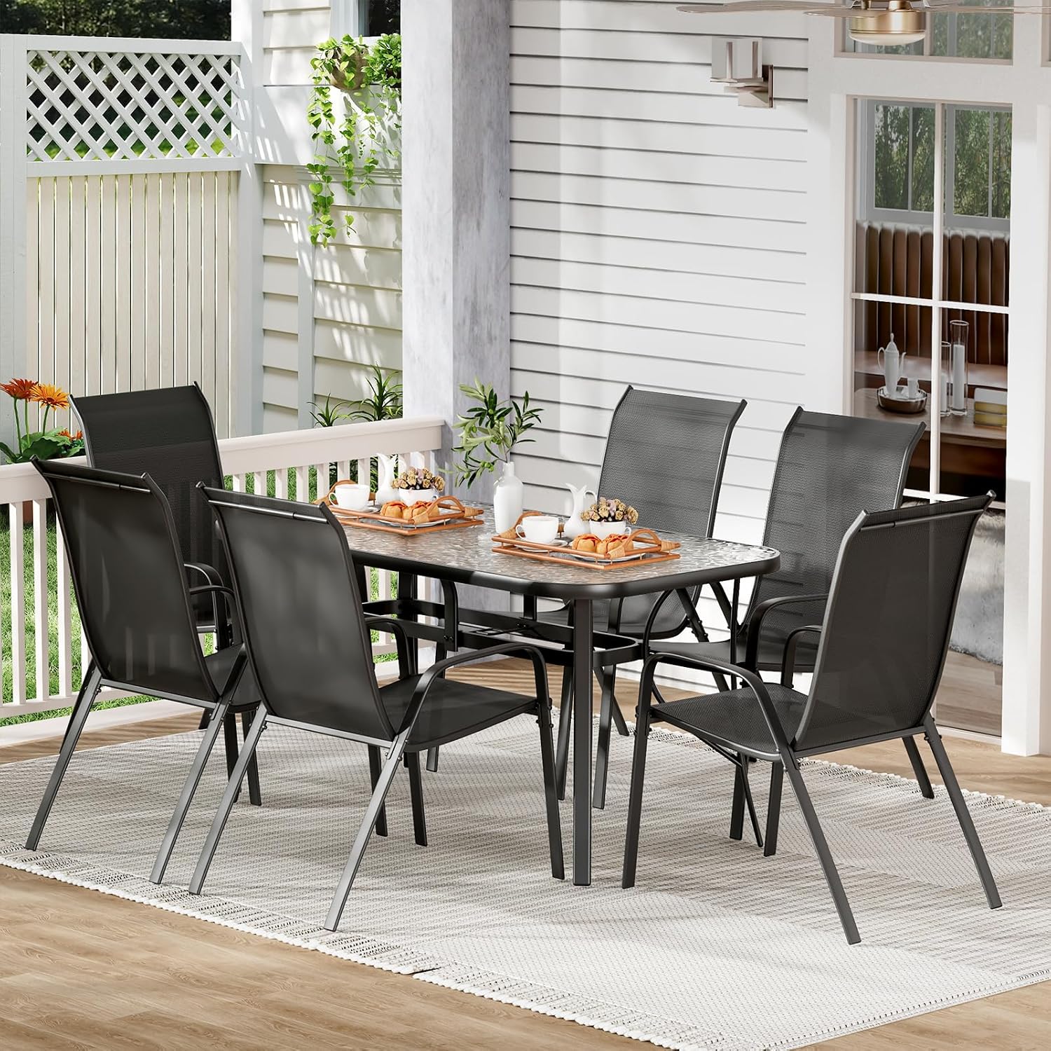 TLSUNNY 7 Pieces Patio Dining Set, Outdoor Table and Chairs W/1.69″ Umbrella Hole, 30'X 55' Table and Stackable Textilene Chair, All Weather Patio Furniture Set (Umbrella not Included) (Black)
