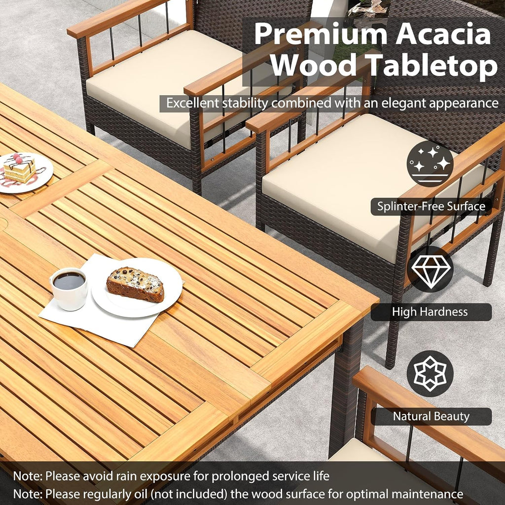 HAPPYGRILL Acacia Wood Outdoor Dining Table 63', 4-6 Person Rectangular Metal Patio Table with Umbrella Hole and Rattan Legs, Slatted Outdoor Furniture for Garden, Poolside, Backyard and Deck