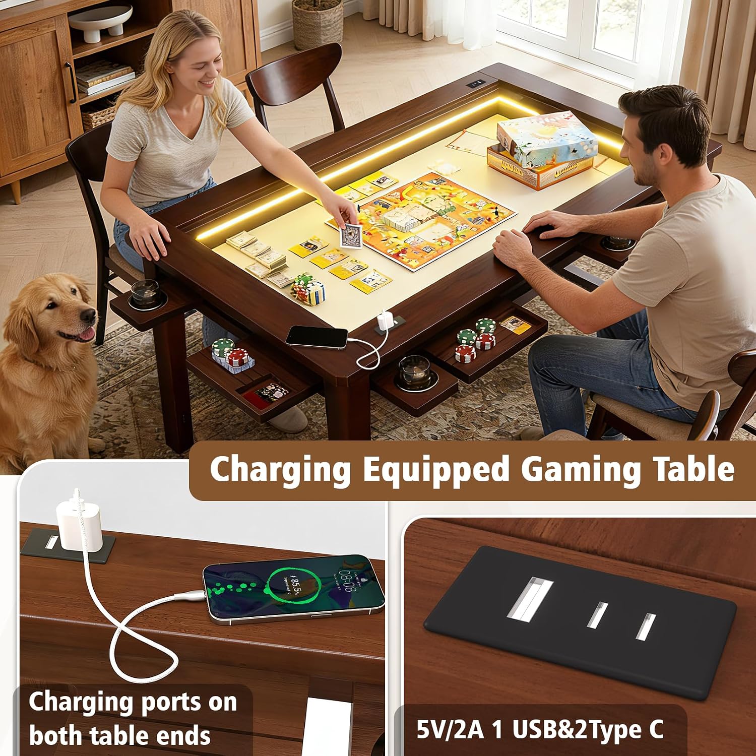 Haddockway Solid Wood Board Game Table with Colorful Led Lights, Dining/Gaming Table for 4-6 Players with Charge Station,Removable Top, Play Mat, 6 Cup Holders & Trays (Warm Walnut)