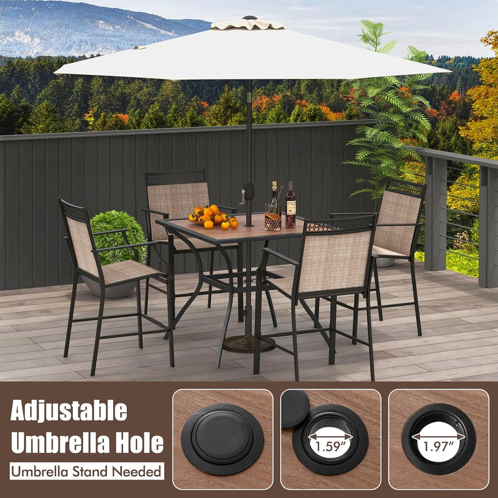 Tangkula Metal Square Patio Dining Table for 4, Heavy Duty Bistro Table with Adjustable Umbrella Hole & Wooden-Like Waterproof Tabletop, Outdoor Dinner Table for for Backyard, Deck, Lawn, Poolside